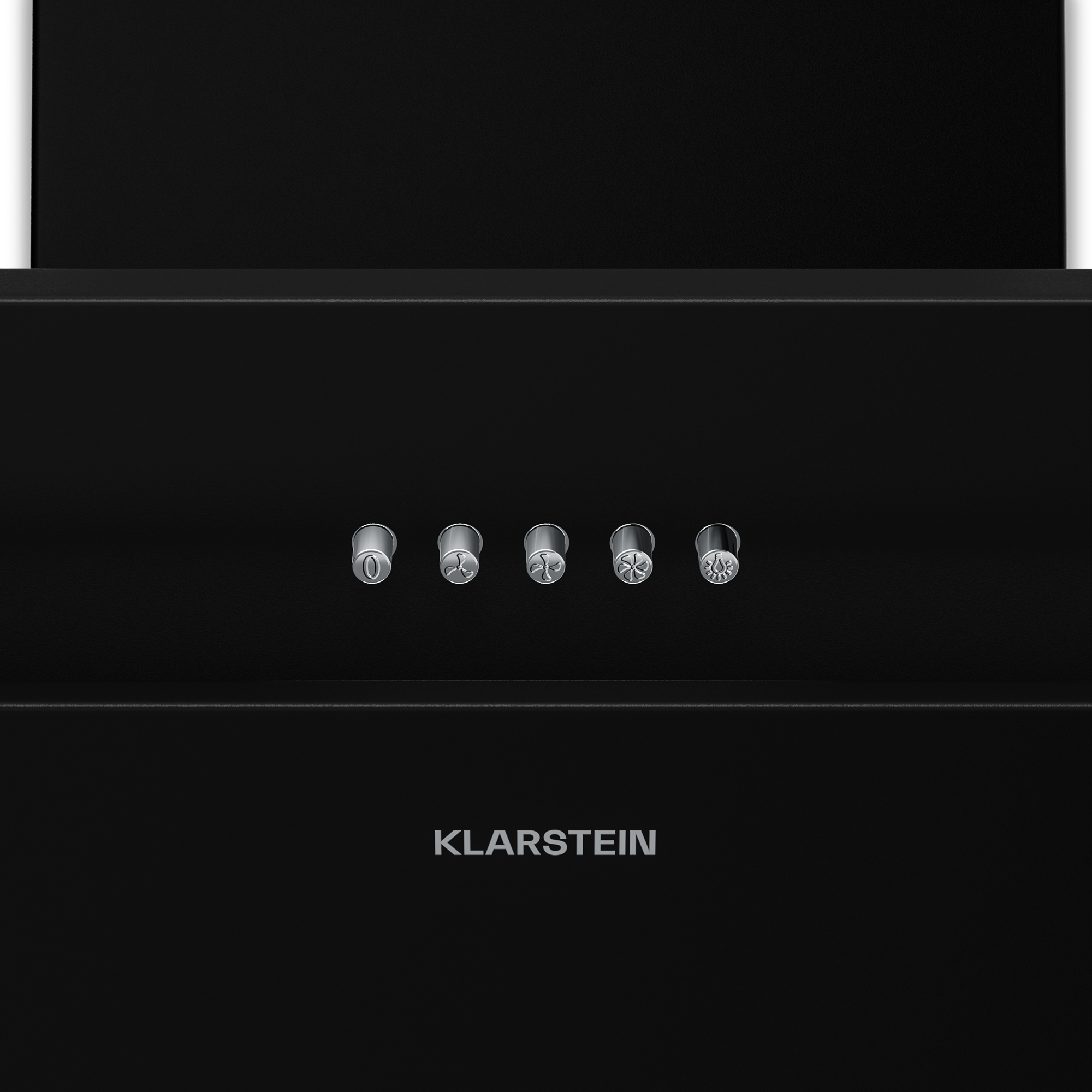 Campana extractora Klarstein negra. Tiene cinco mandos plateados con símbolos, incluyendo iconos de luz y ventilador.