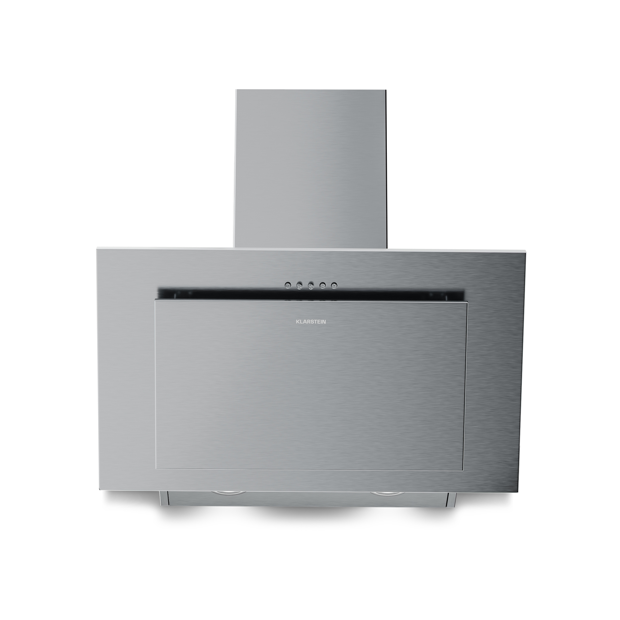 Una campana extractora metálica Klarstein. Tiene un cuerpo rectangular con botones de control y una sección superior similar a una chimenea.