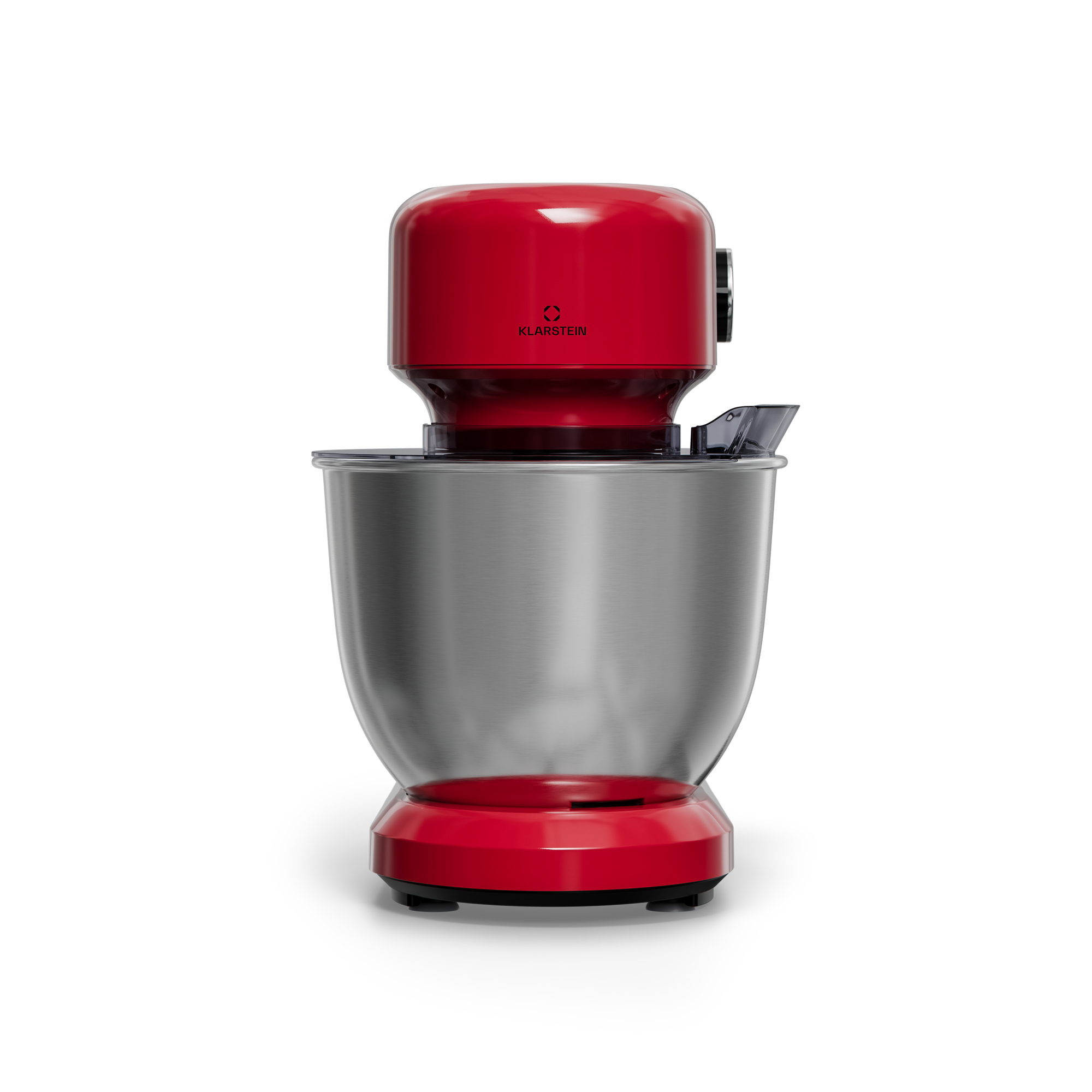 Un mixer da cucina rosso e argento. La parte superiore è rossa e la ciotola argentata. È su sfondo bianco.