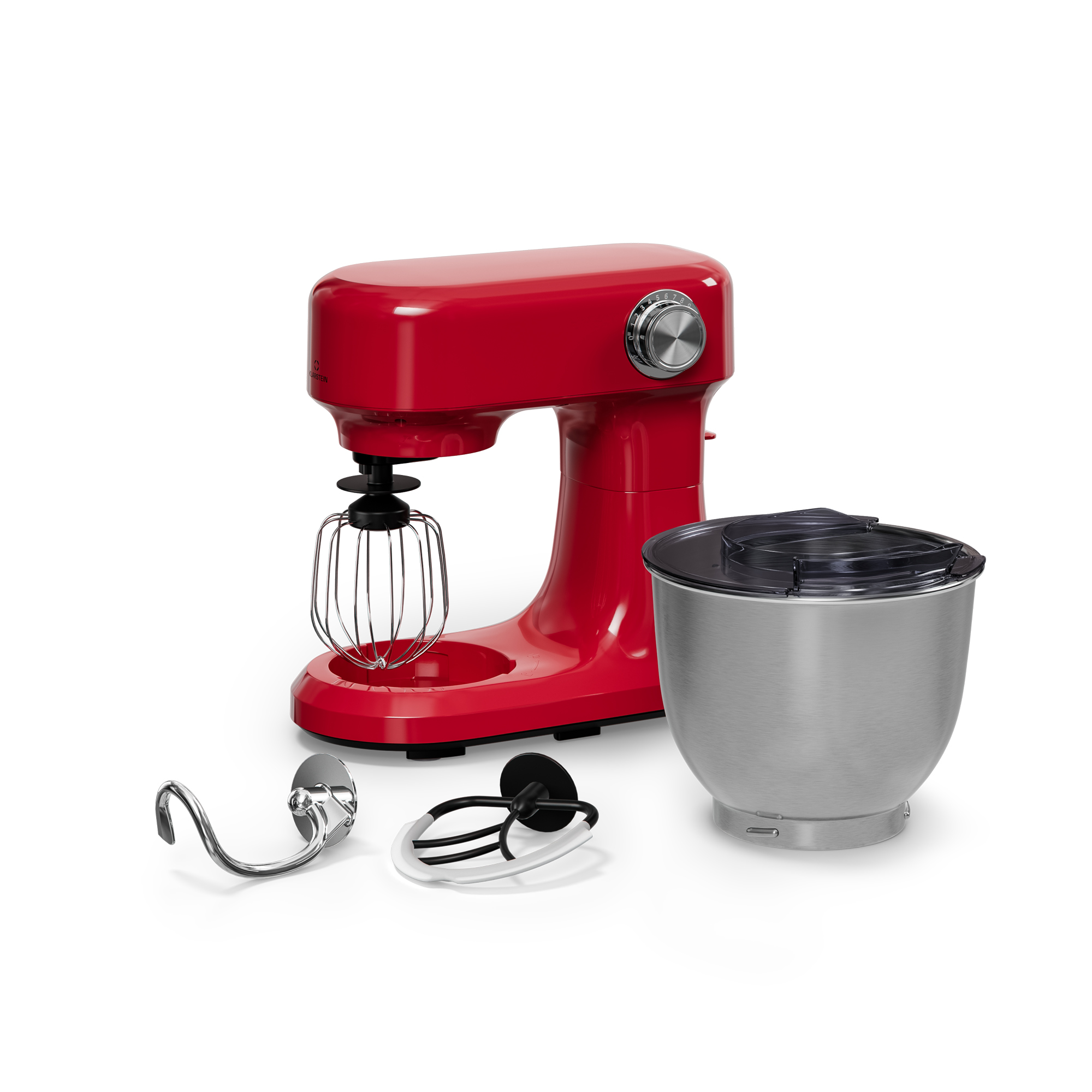 Impastatrice rossa con accessori e ciotola in acciaio inox su superficie bianca.