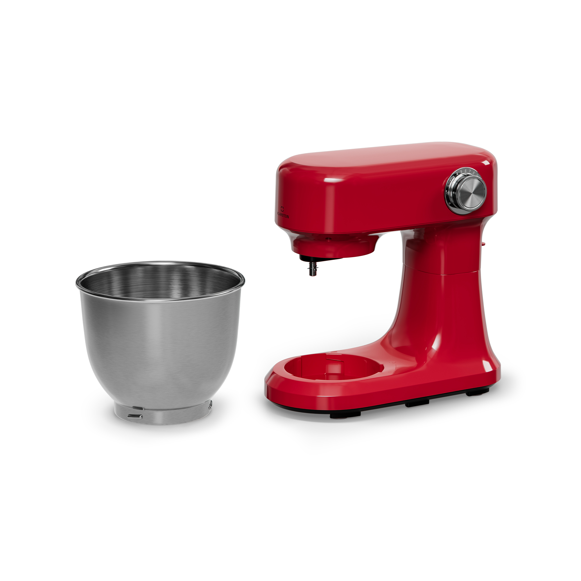 Un mixer rosso con una ciotola in acciaio inox su sfondo bianco. Il mixer è a destra, la ciotola a sinistra.