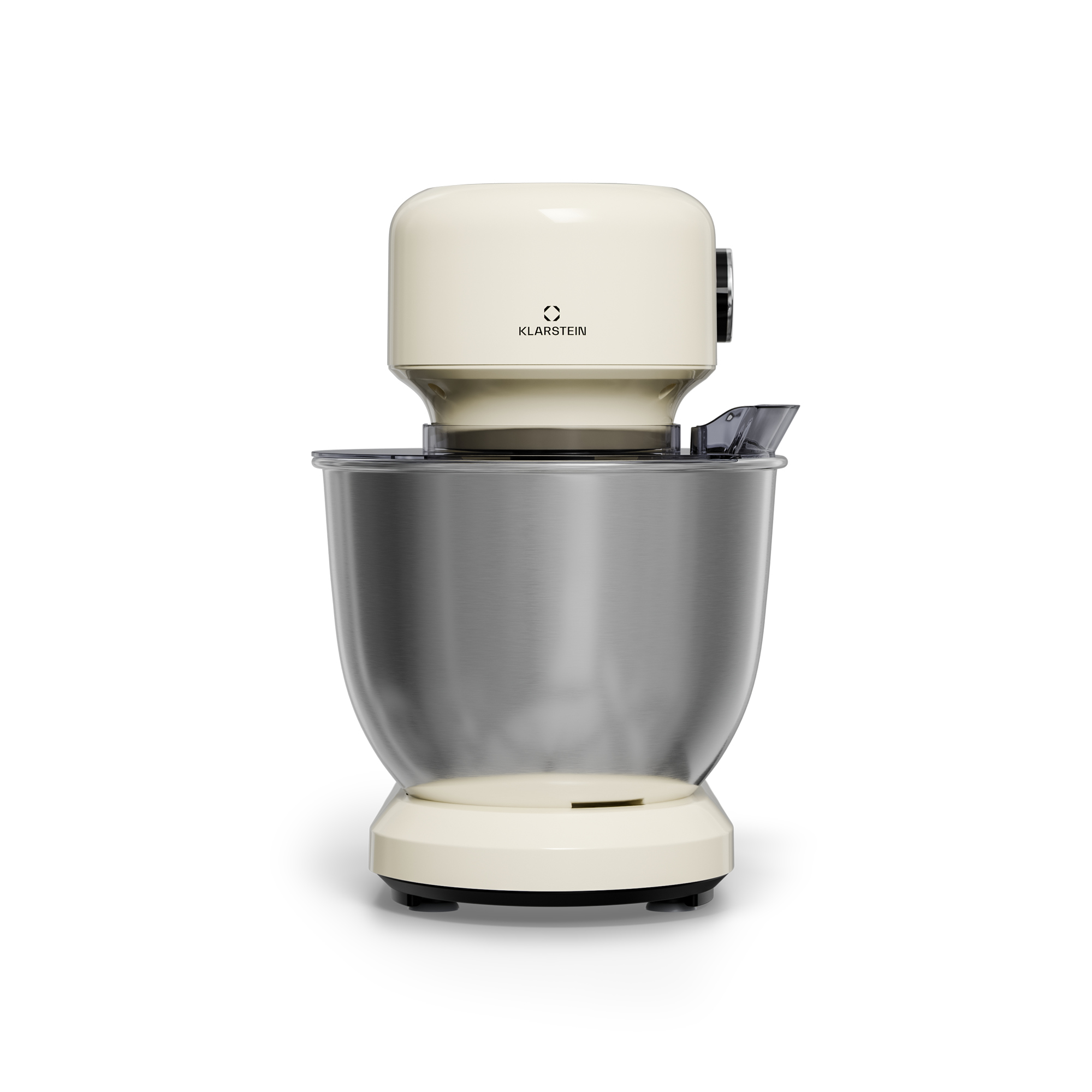 Un robot da cucina Klarstein color crema su sfondo bianco. Ha una ciotola in acciaio inox.