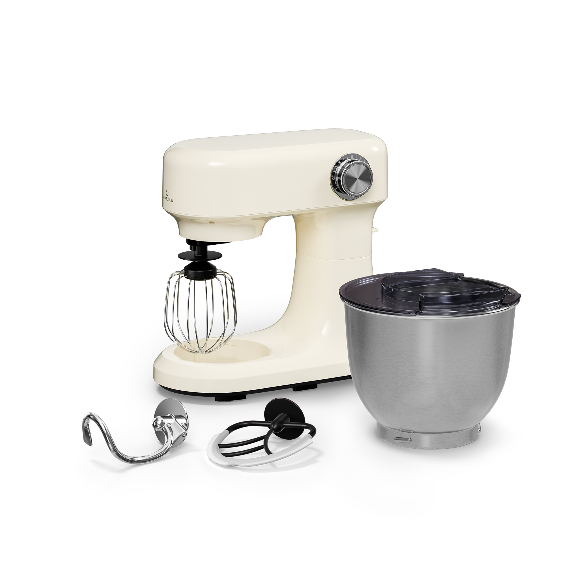 Impastatrice color crema con accessori e ciotola su superficie bianca. L'impastatrice ha una ciotola in acciaio inox.