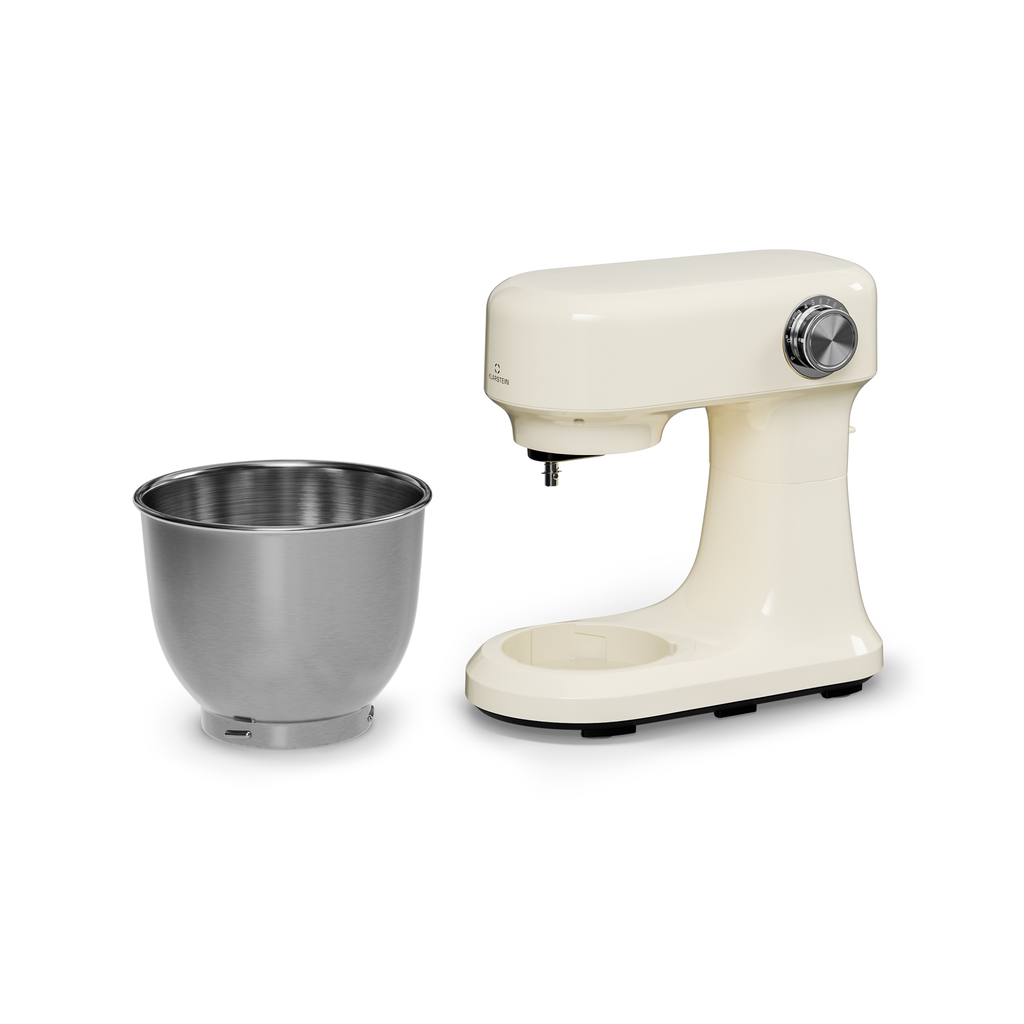 Un mixer da cucina color crema con una ciotola in acciaio inossidabile. Il mixer ha una manopola argentata e sfondo bianco.