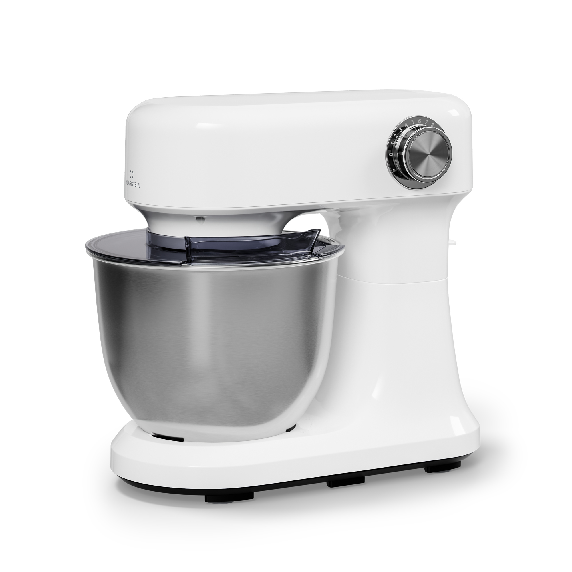 Impastatrice bianca con ciotola in acciaio inox e quadrante di controllo della velocità. È su una superficie bianca.