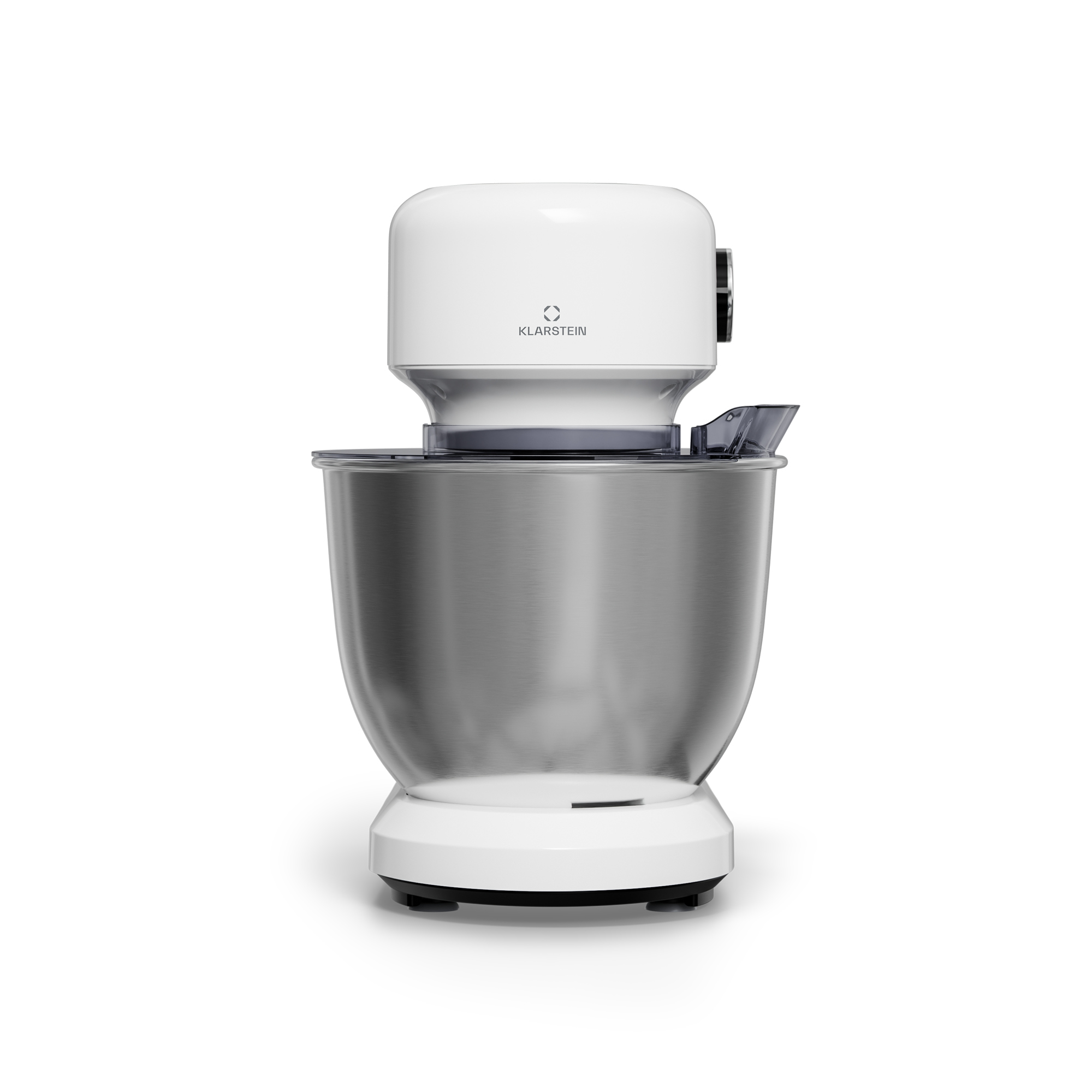 Un mixer a colonna bianco e argento su sfondo bianco. Ha una ciotola e un coperchio con il logo Klarstein.
