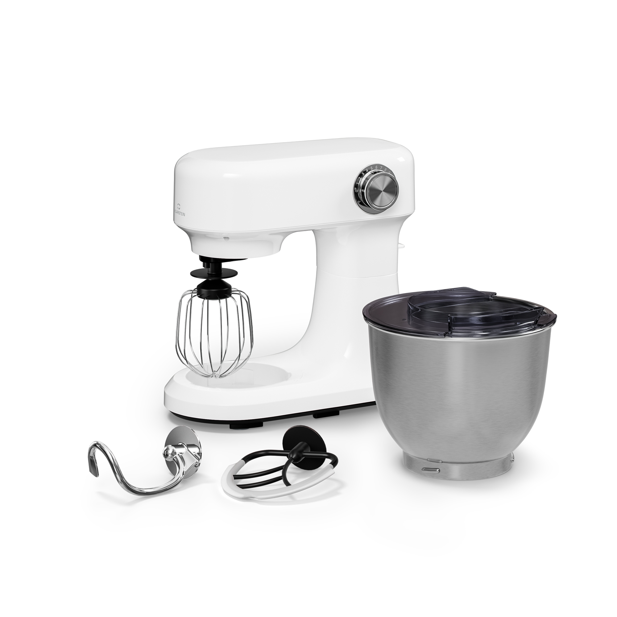 Un robot da cucina bianco con accessori e una ciotola, su sfondo bianco. Accessori accanto.