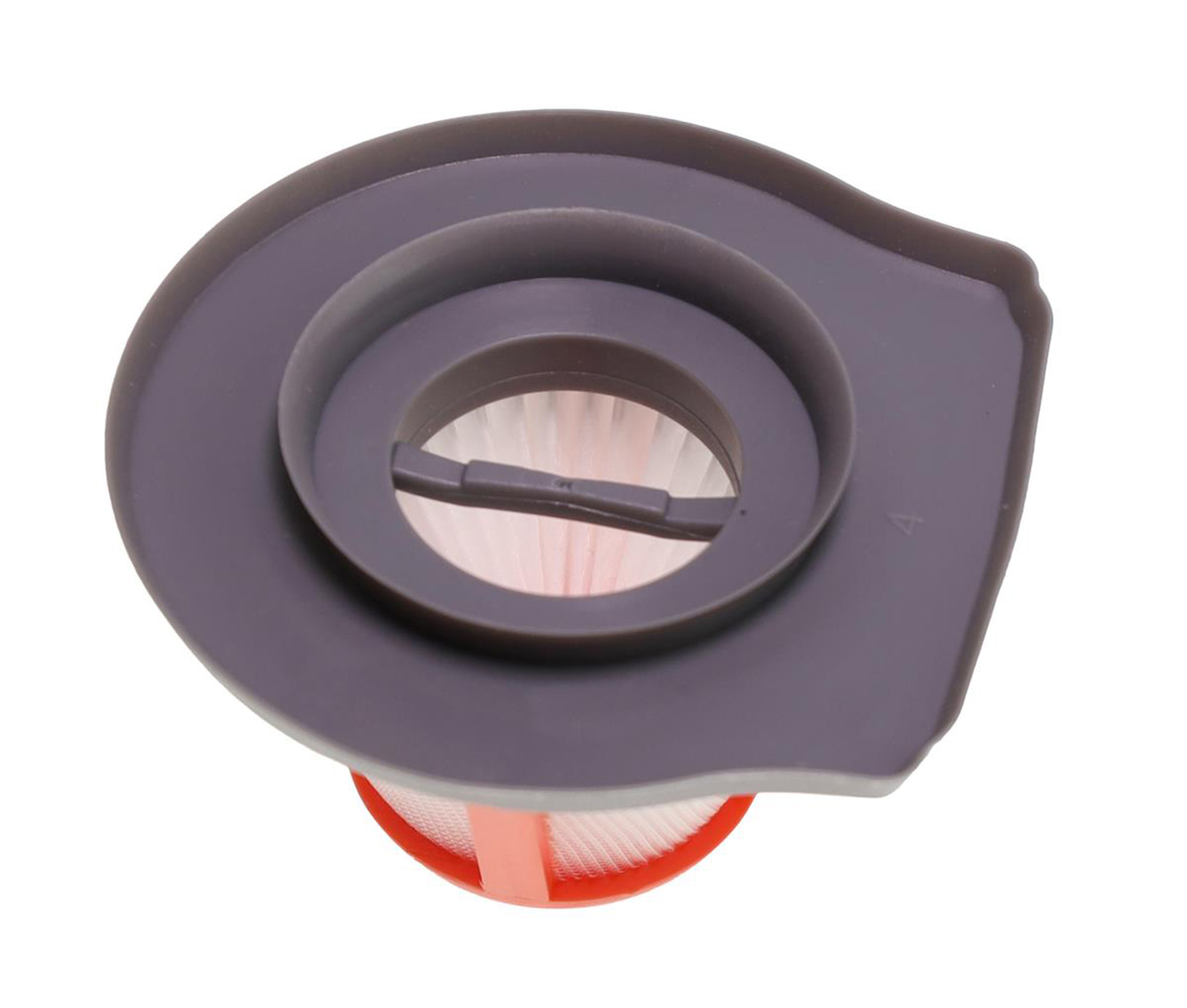 Ein grauer Staubsaugerfilter mit einem weißen und orangefarbenen Filter im Inneren. Es hat ein kreisförmiges Design und abgewinkelte Kanten.