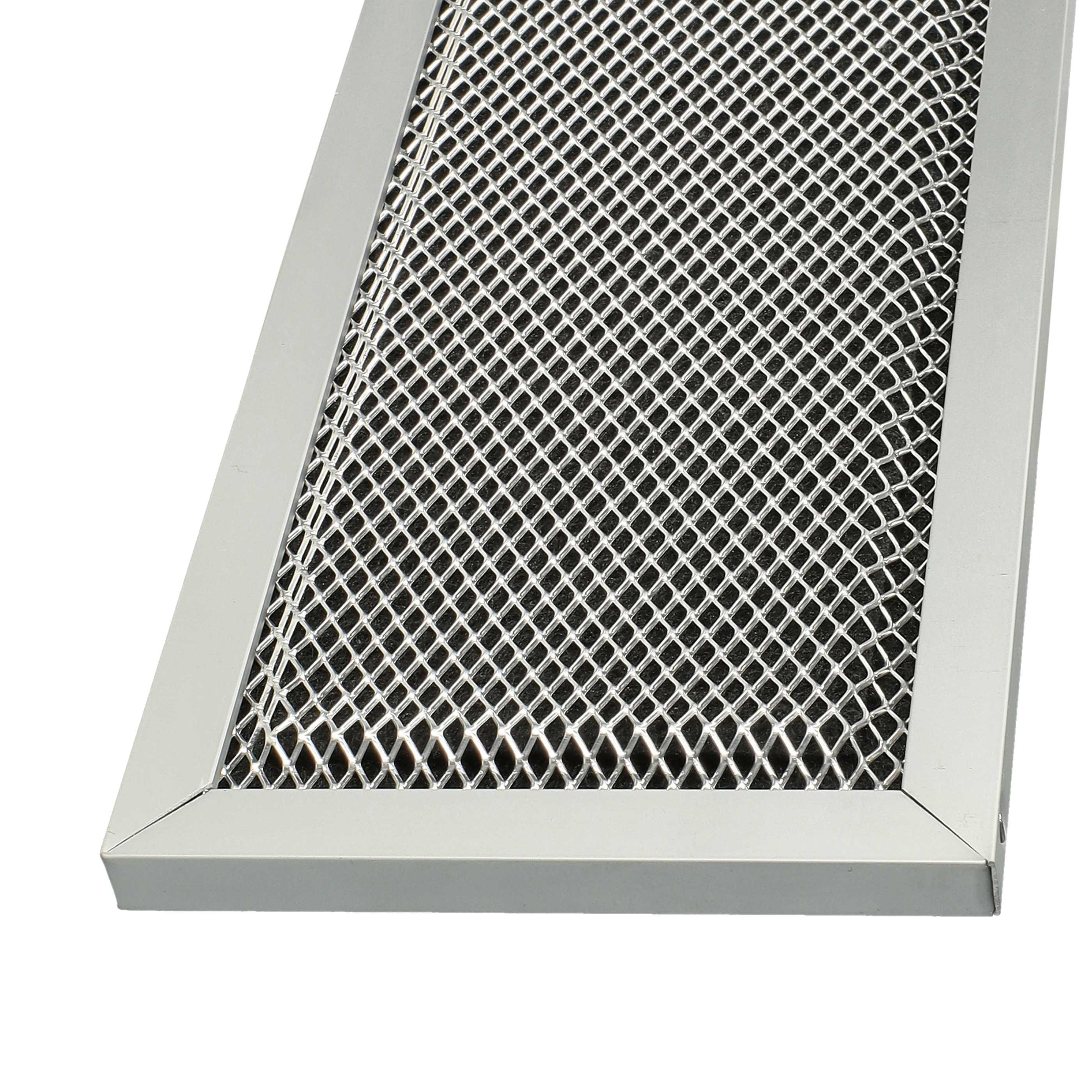 Nahaufnahme eines rechteckigen Metallgitterfilters mit silbernem Rahmen, vor weißem Hintergrund.