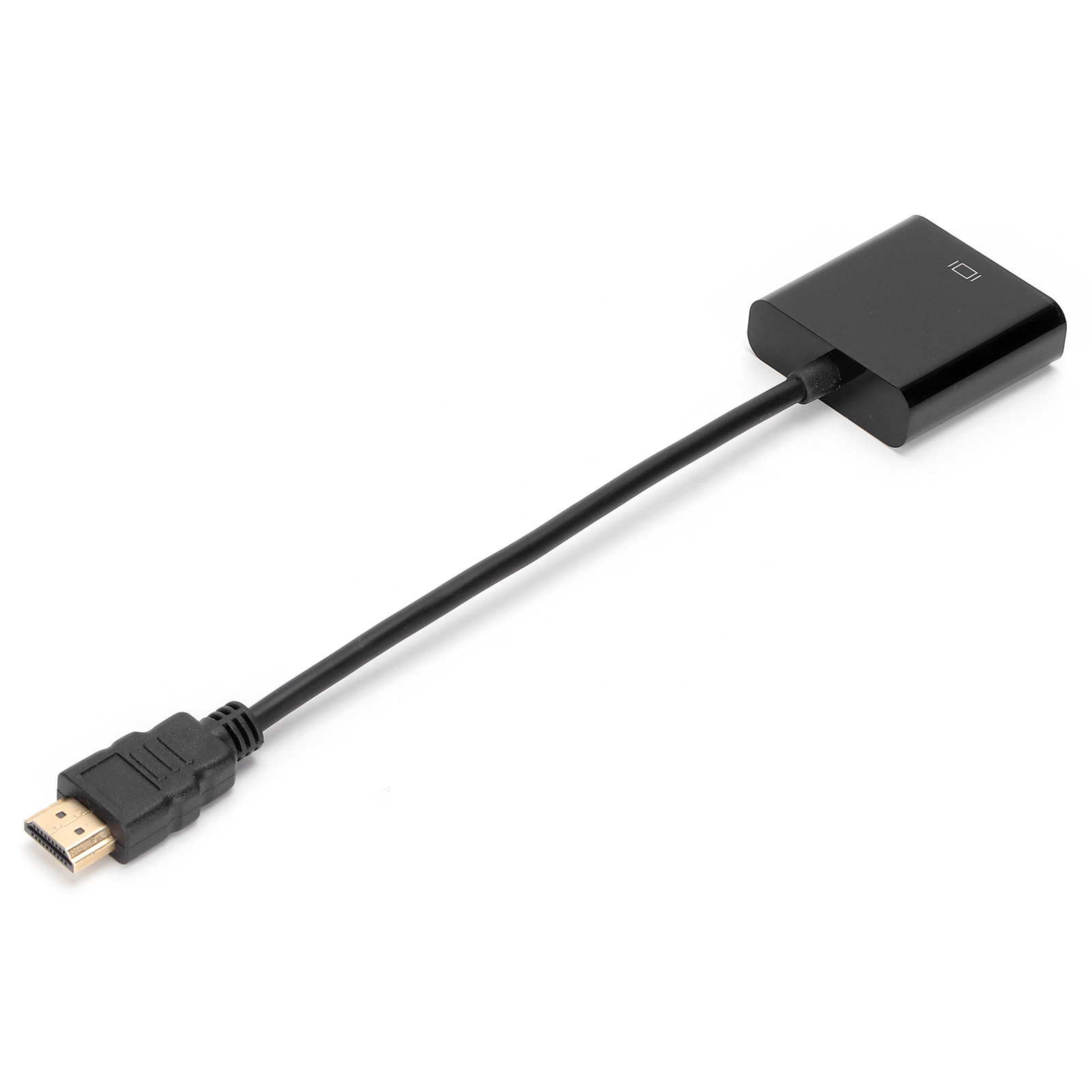 Ein schwarzes HDMI-zu-VGA-Adapterkabel. Ein Ende hat einen HDMI-Anschluss, das andere einen VGA-Anschluss. Weißer Hintergrund.