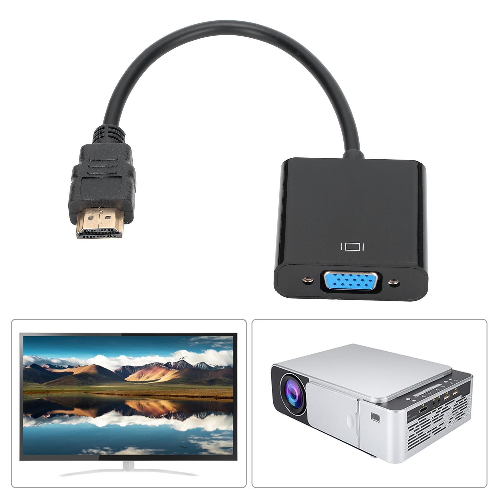 Ein HDMI-zu-VGA-Adapter mit schwarzem Kabel. Unten sind ein Monitor mit Landschaft und ein Projektor.