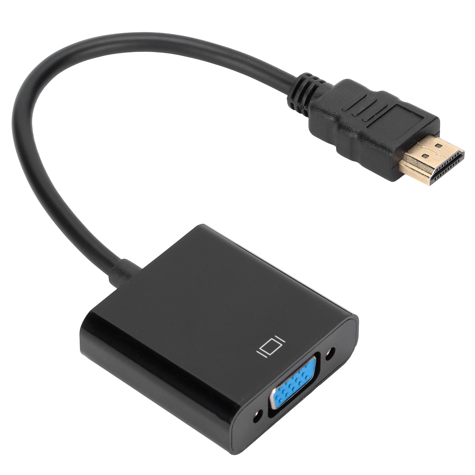 Schwarzer HDMI-zu-VGA-Adapter auf weißem Hintergrund. Mit HDMI-Anschluss, VGA-Anschluss und schwarzem Kabel.