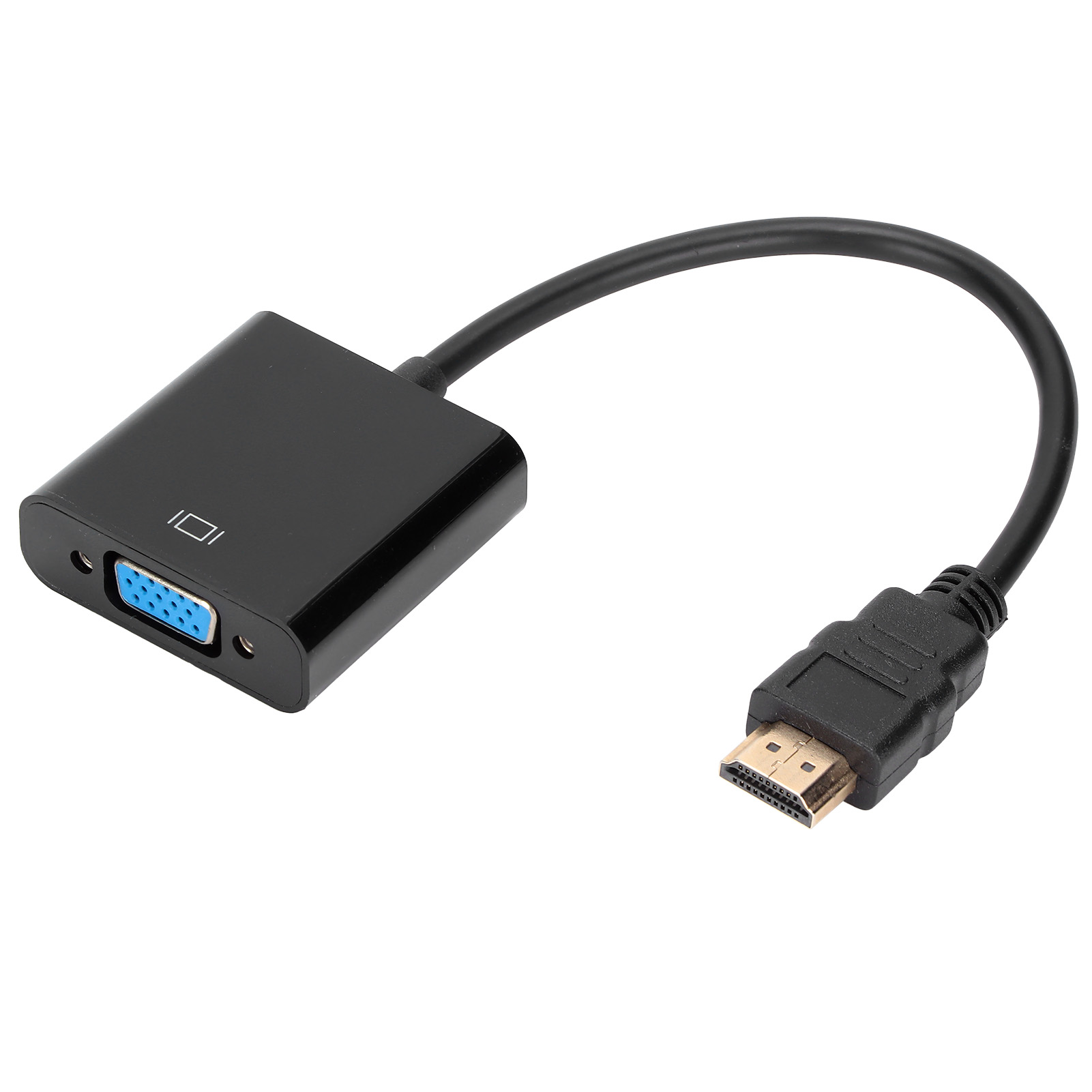 Ein schwarzer HDMI-zu-VGA-Adapter mit schwarzem Kabel. Der VGA-Anschluss ist blau. Der Hintergrund ist weiß.