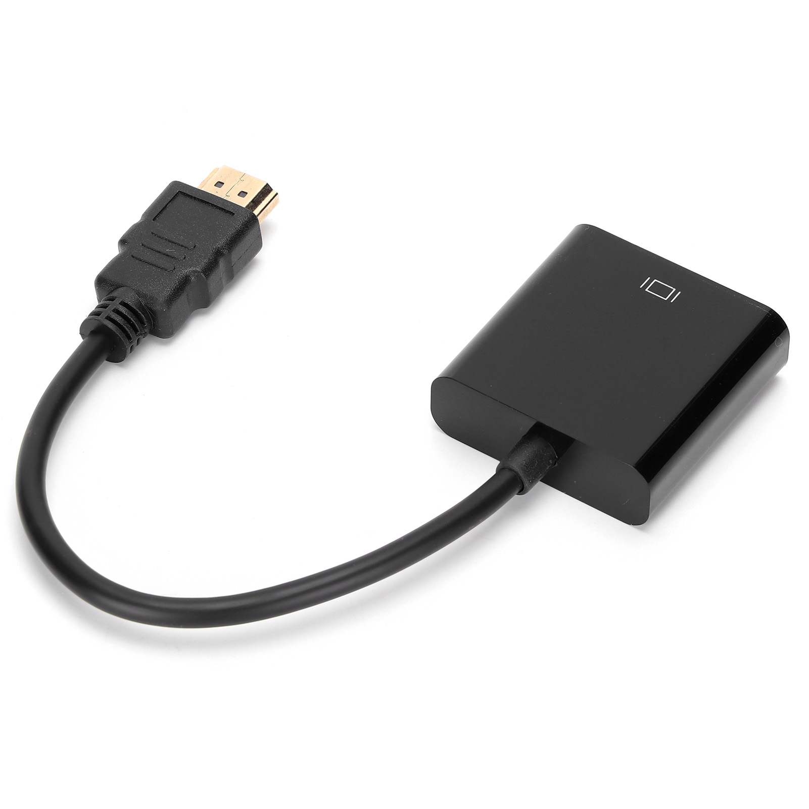 Ein schwarzer HDMI-zu-VGA-Adapter mit einem goldfarbenen HDMI-Anschluss, verbunden durch ein schwarzes Kabel, auf weißem Hintergrund.