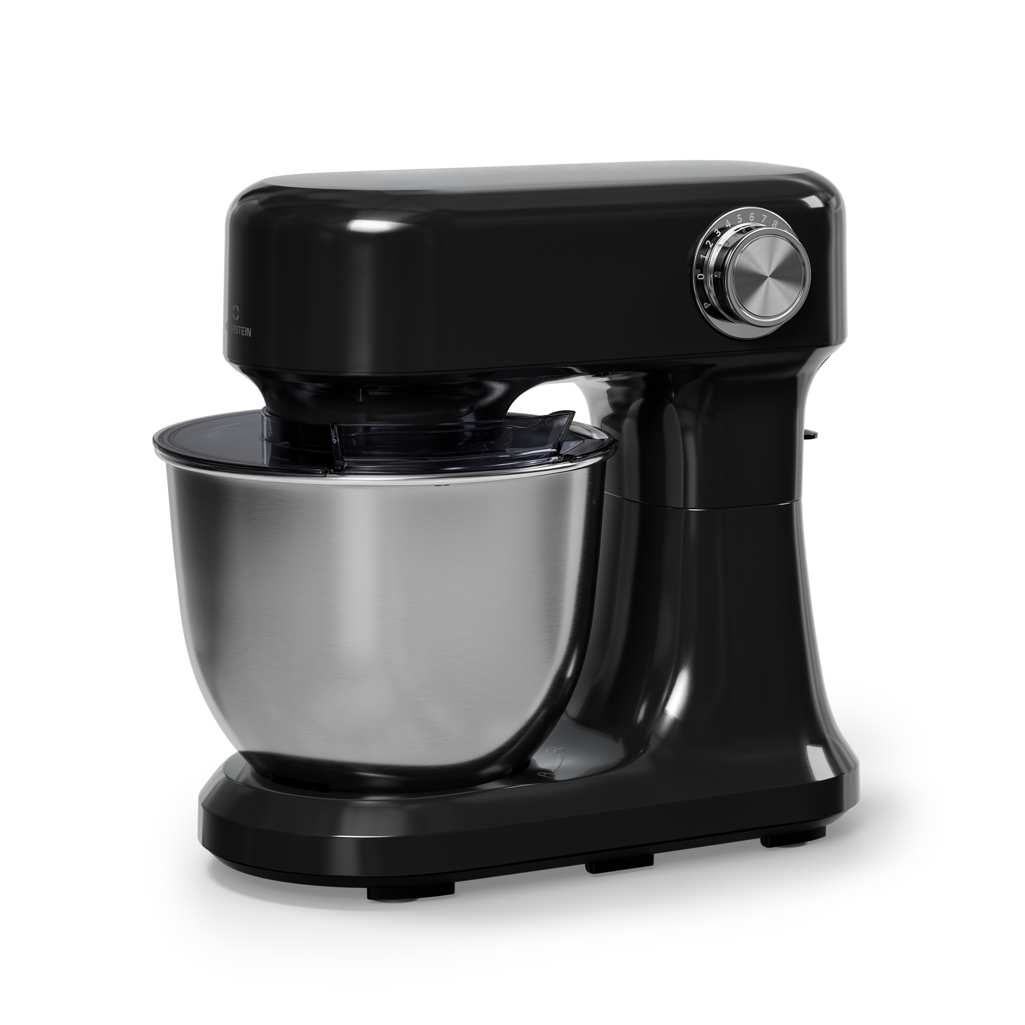 Un robot da cucina nero con ciotola in acciaio inox e quadrante argentato. Su sfondo bianco.