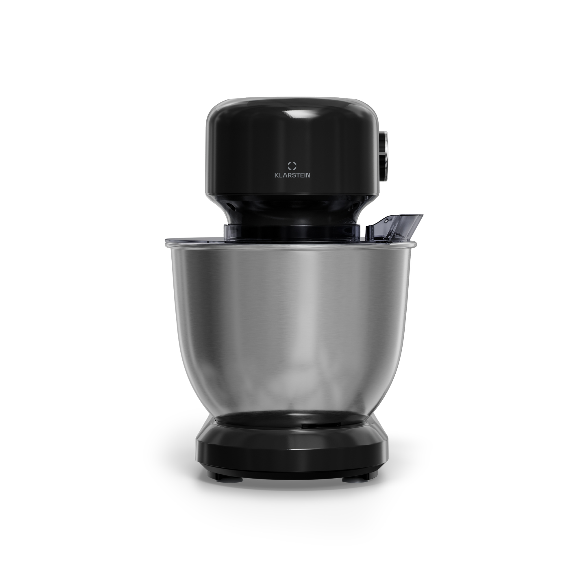 Un mixer da terra su sfondo bianco. Ha un alloggiamento motore nero e una ciotola in acciaio inossidabile.