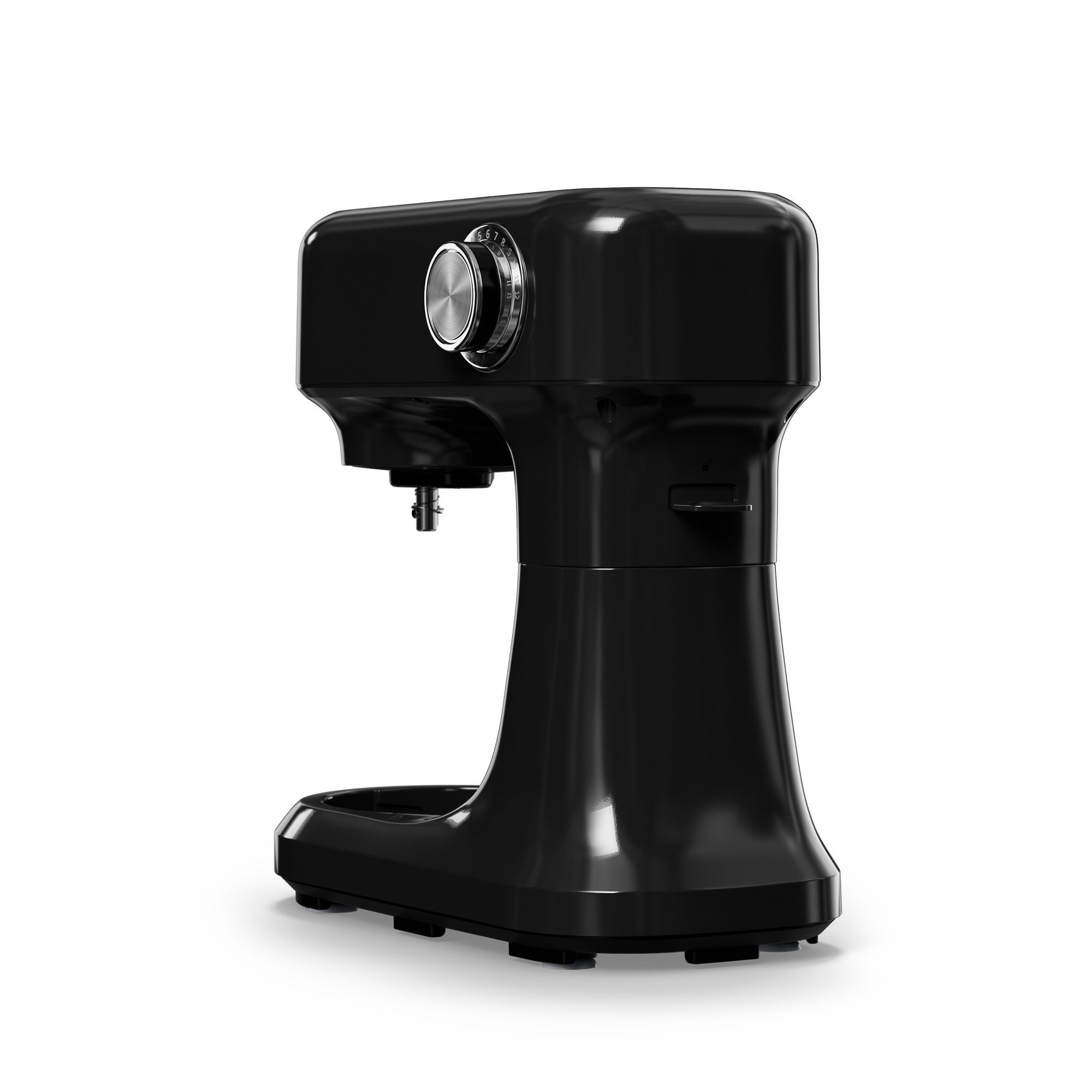 Un mixer nero su sfondo bianco. Ha un quadrante e una manopola argentata. Il mixer è lucido.