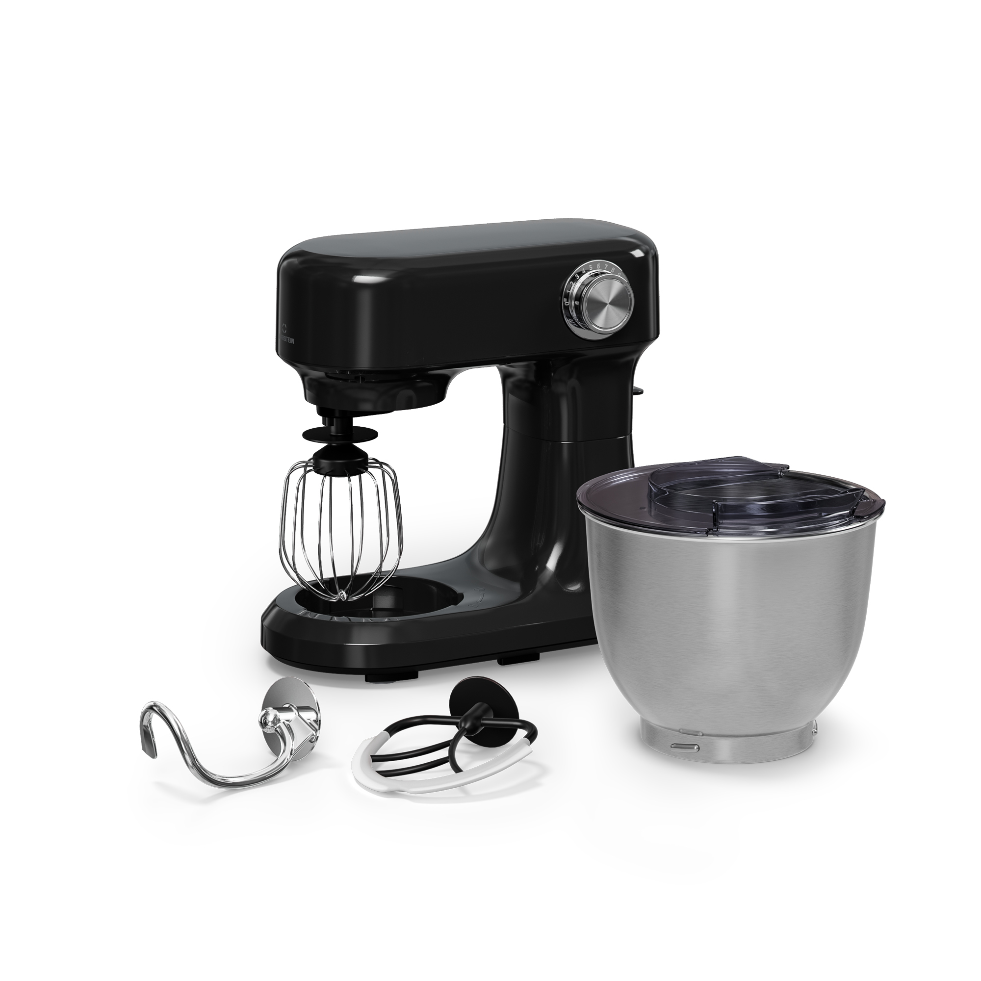 Un mixer nero con accessori e una ciotola in acciaio inox. Il mixer è su sfondo bianco.