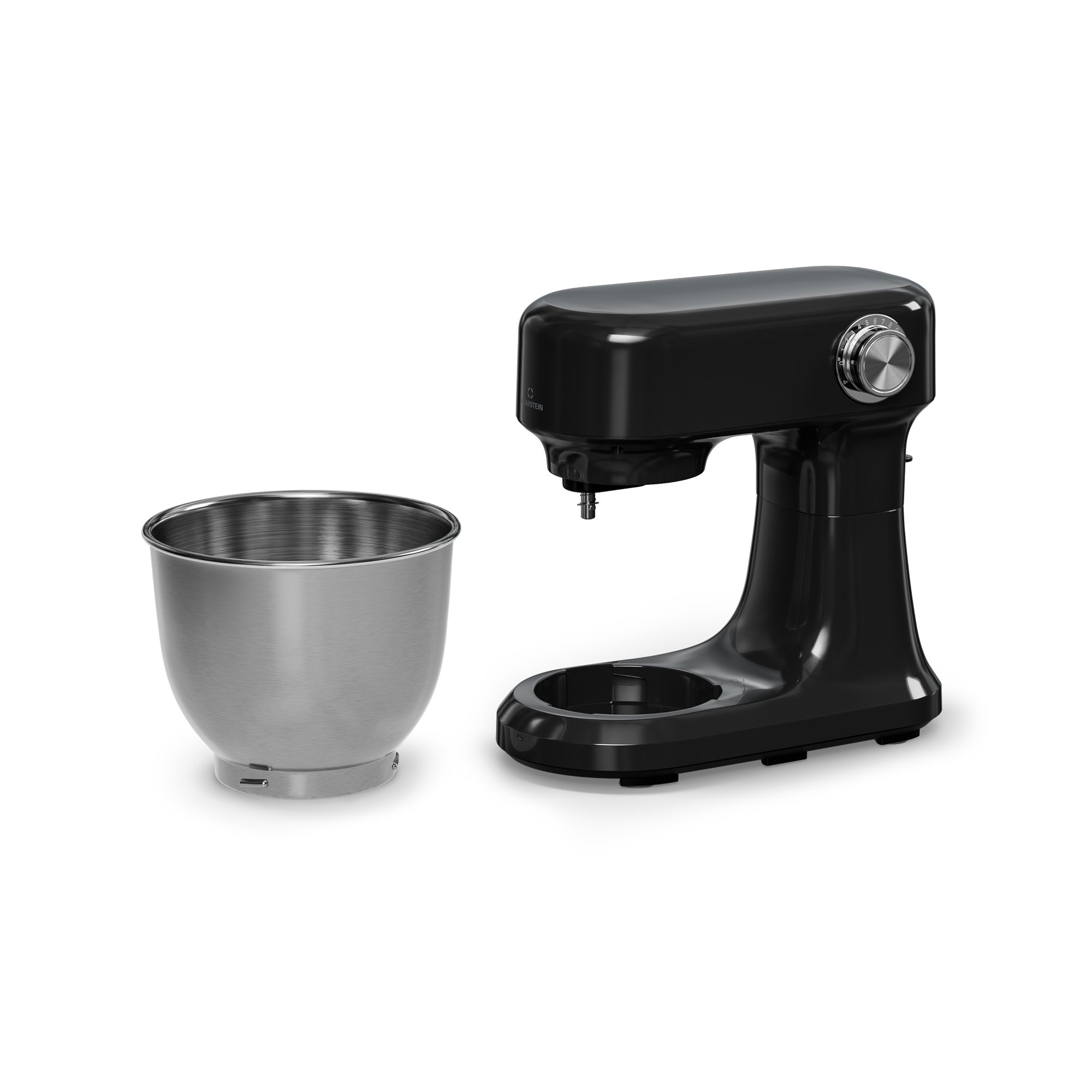 Impastatrice nera con ciotola in acciaio inox su sfondo bianco. Il mixer ha una manopola per la velocità.