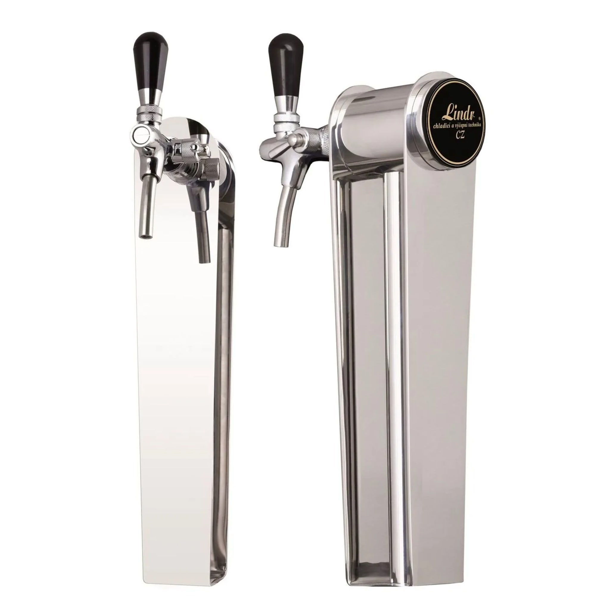 Twee glanzende biertaps van metaal worden getoond op een witte achtergrond. Eén tap heeft een logo met 'Lindr'.