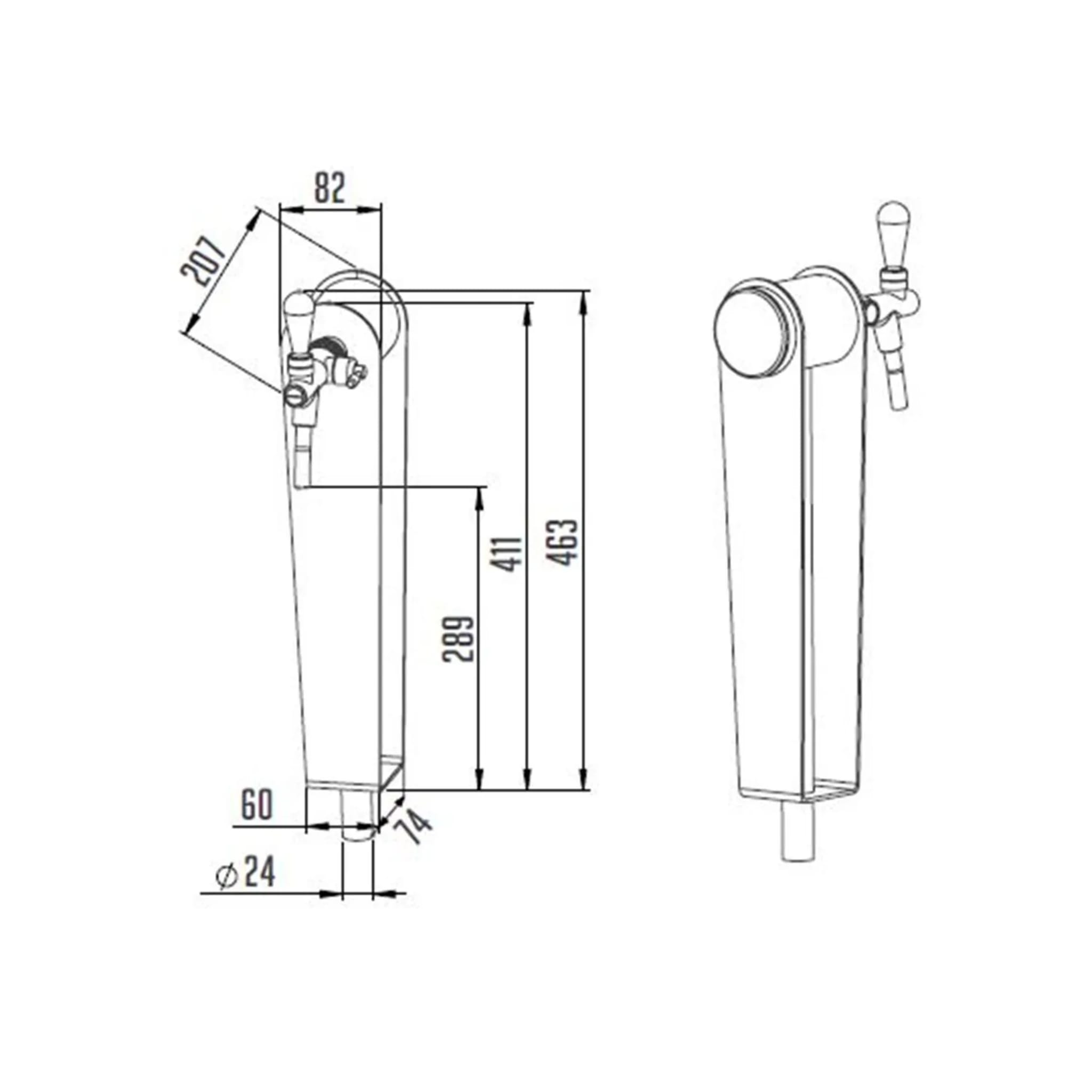 Technische tekening van een biertap. Twee aanzichten: voor- en zijaanzicht. Afmetingen worden aangegeven met lijnen en getallen in millimeters.