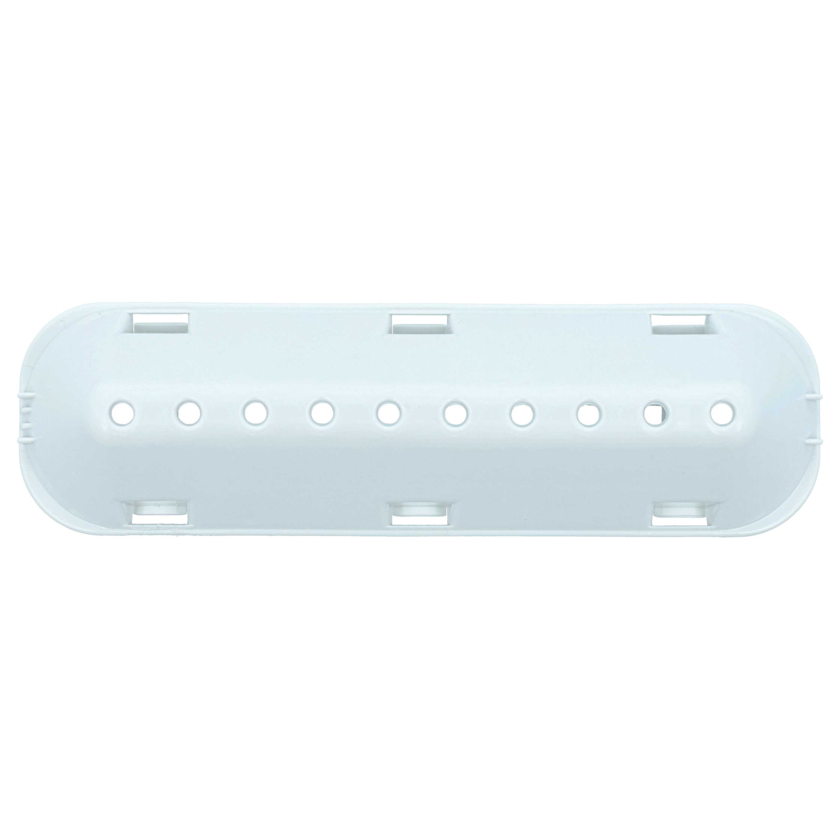 Ein weißes Plastikobjekt. Es hat eine ovale Form mit kleinen Löchern und rechteckigen Öffnungen.