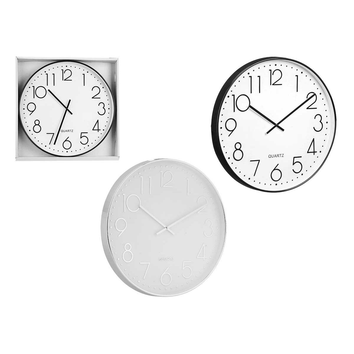 Tre orologi: uno in una scatola, uno con bordo nero, uno con bordo bianco. Ogni orologio mostra l'ora con lancette e numeri.