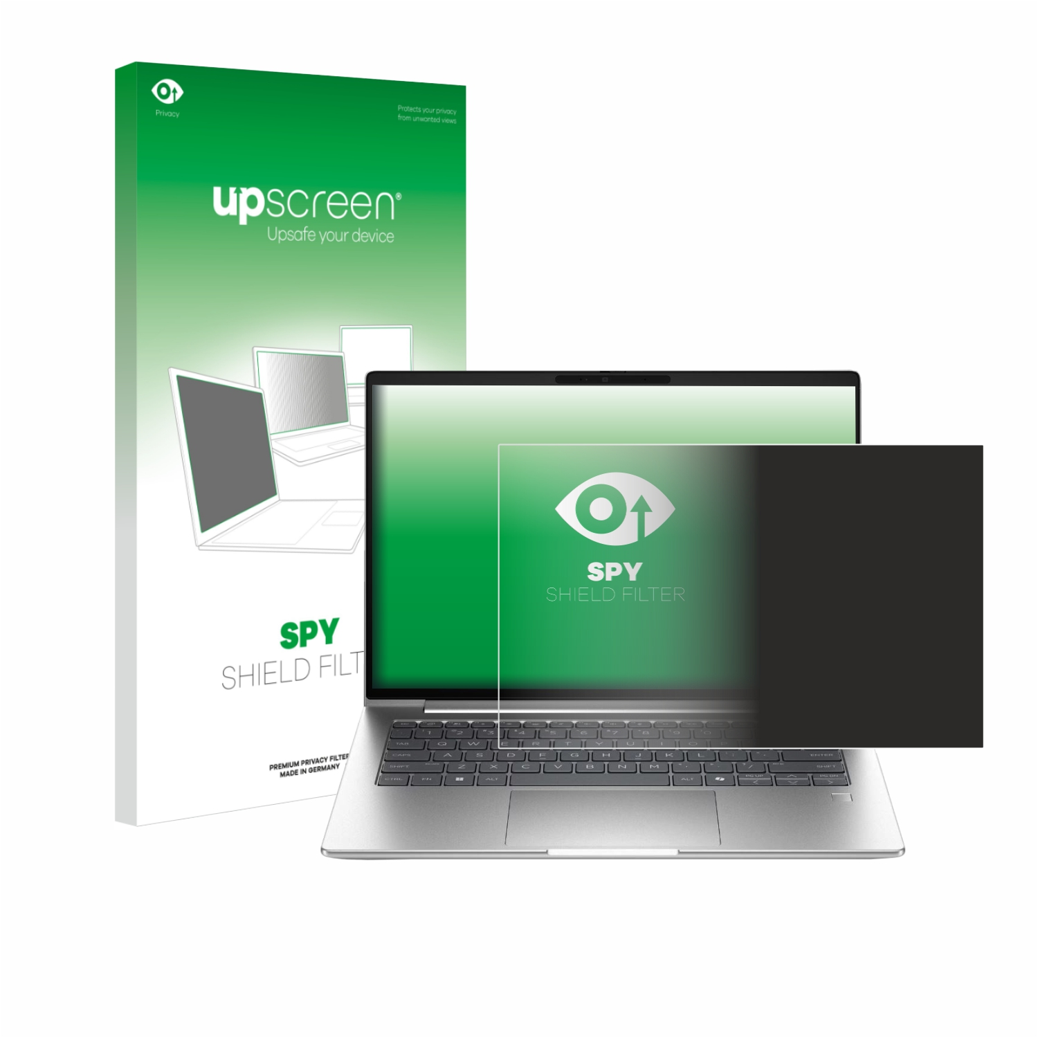 Ein Laptop mit einem Blickschutzfilter wird gezeigt. Eine Box zeigt den Markennamen upscreen und eine Laptop-Silhouette.
