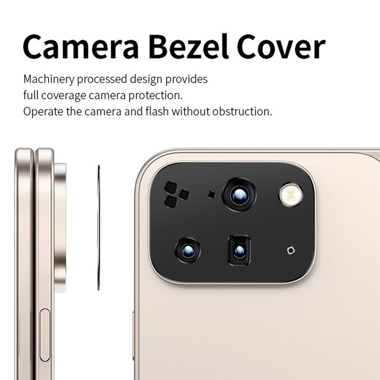 L'immagine mostra una copertura della cornice della fotocamera del telefono. Il testo recita 'Camera Bezel Cover'. Il modulo fotocamera con obiettivi e flash è visibile.