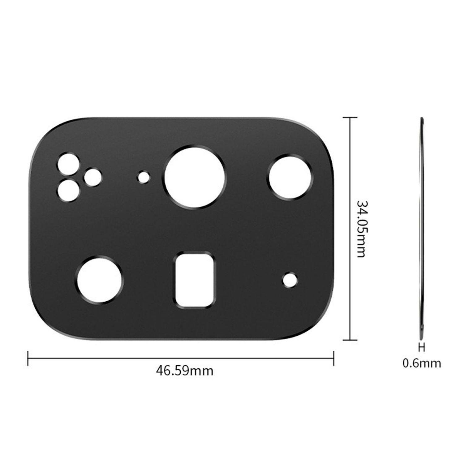Protezione fotocamera del telefono rettangolare nera con più ritagli circolari e quadrati, etichettata con dimensioni 46,59 mm x 34,05 mm x 0,6 mm.