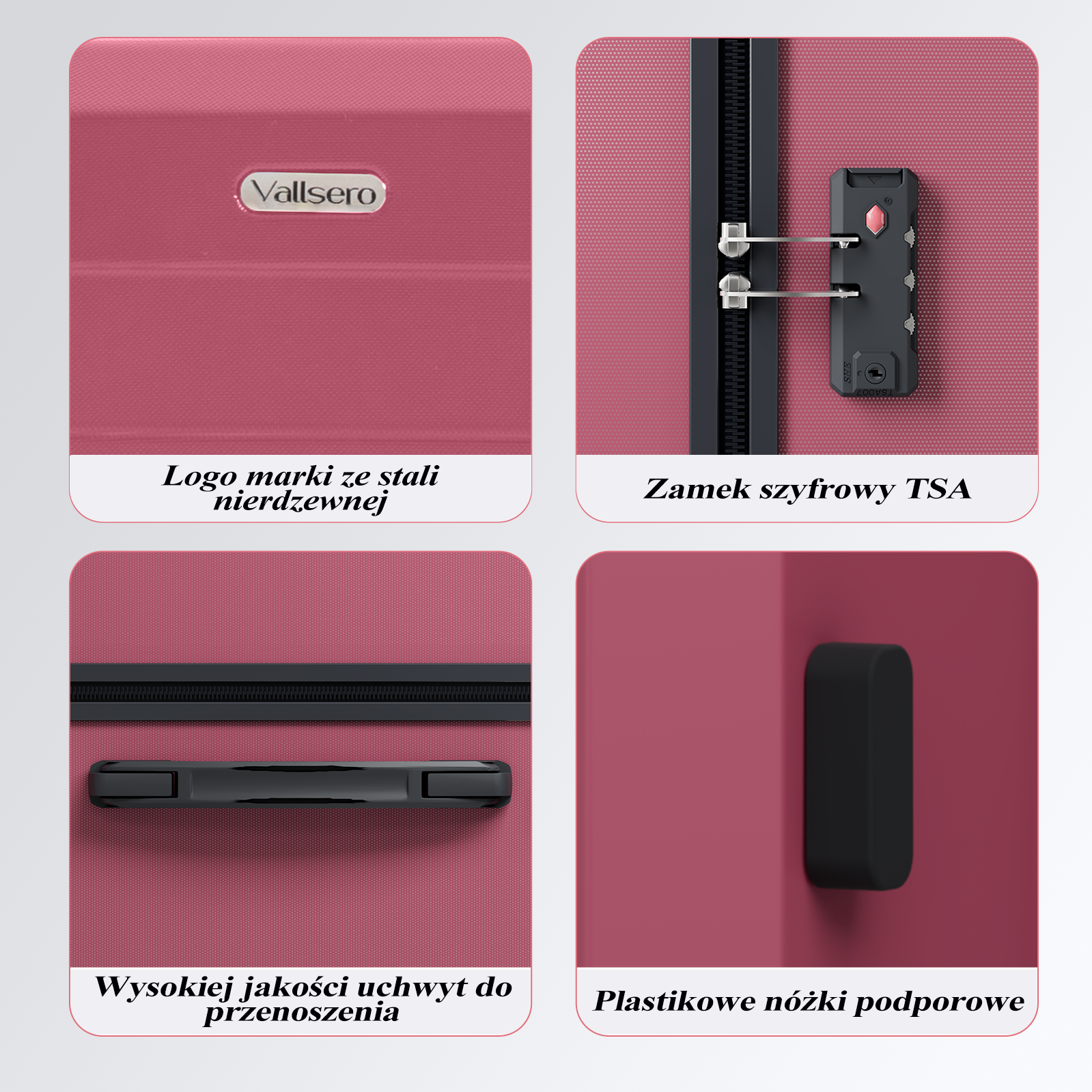 Obraz przedstawia zbliżenia detali walizki: logo, zamek, uchwyt i nóżki podporowe. Wszystkie elementy są w odcieniu różu.