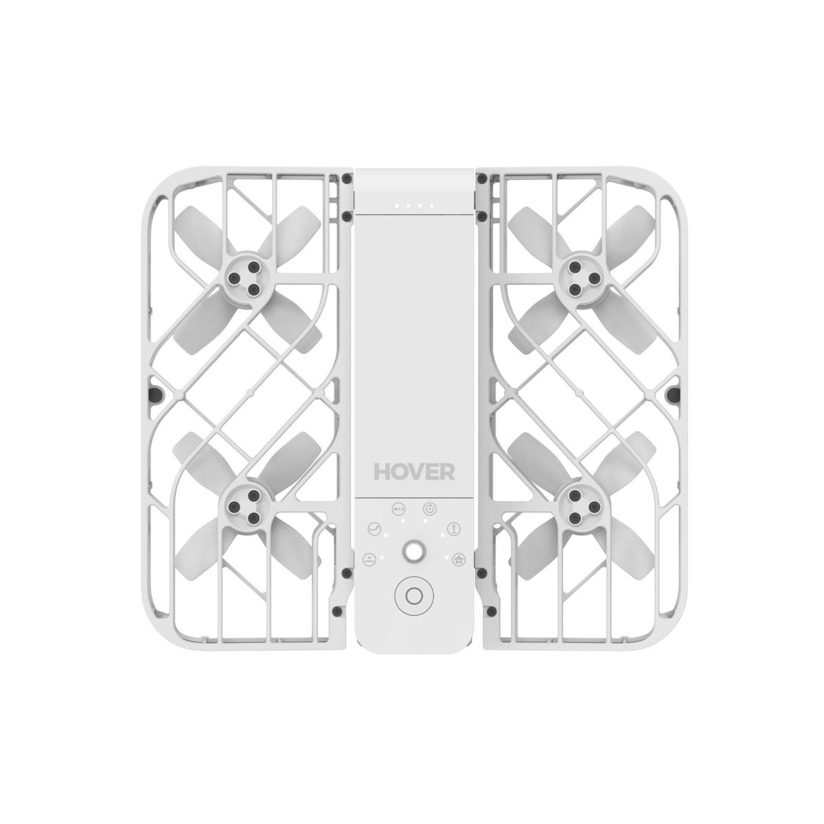 Un dron blanco con cuatro hélices, encerrado en una jaula protectora. La palabra 'HOVER' es visible. Tiene botones de control.