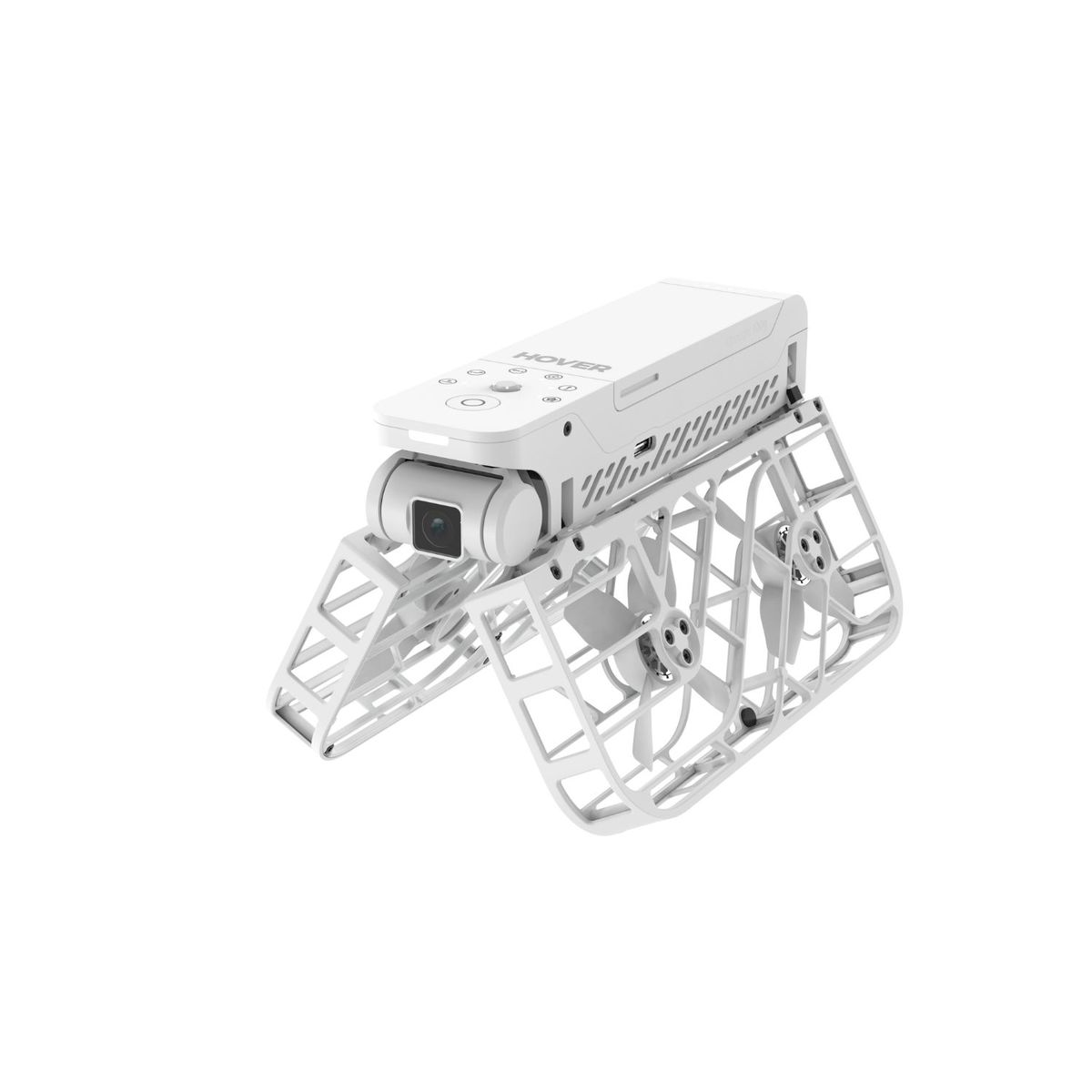 Un dron blanco con cámara y hélices. Tiene un cuerpo cuadrado y una jaula protectora alrededor de las hélices.