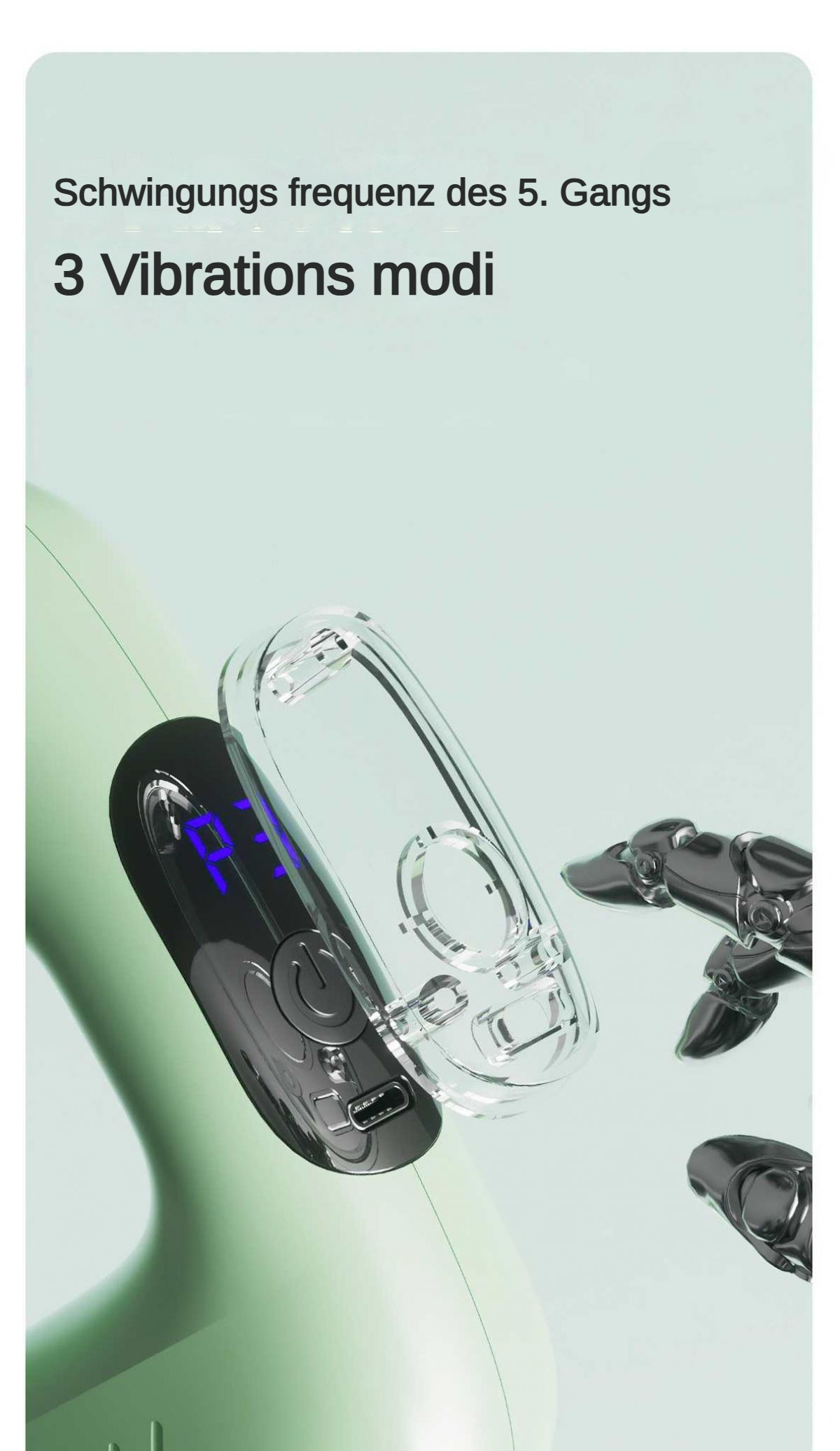 Ein grünes Gerät mit schwarzem Bildschirm, der Zahlen anzeigt. Eine transparente Hülle ist darüber. Roboterarme im Hintergrund.