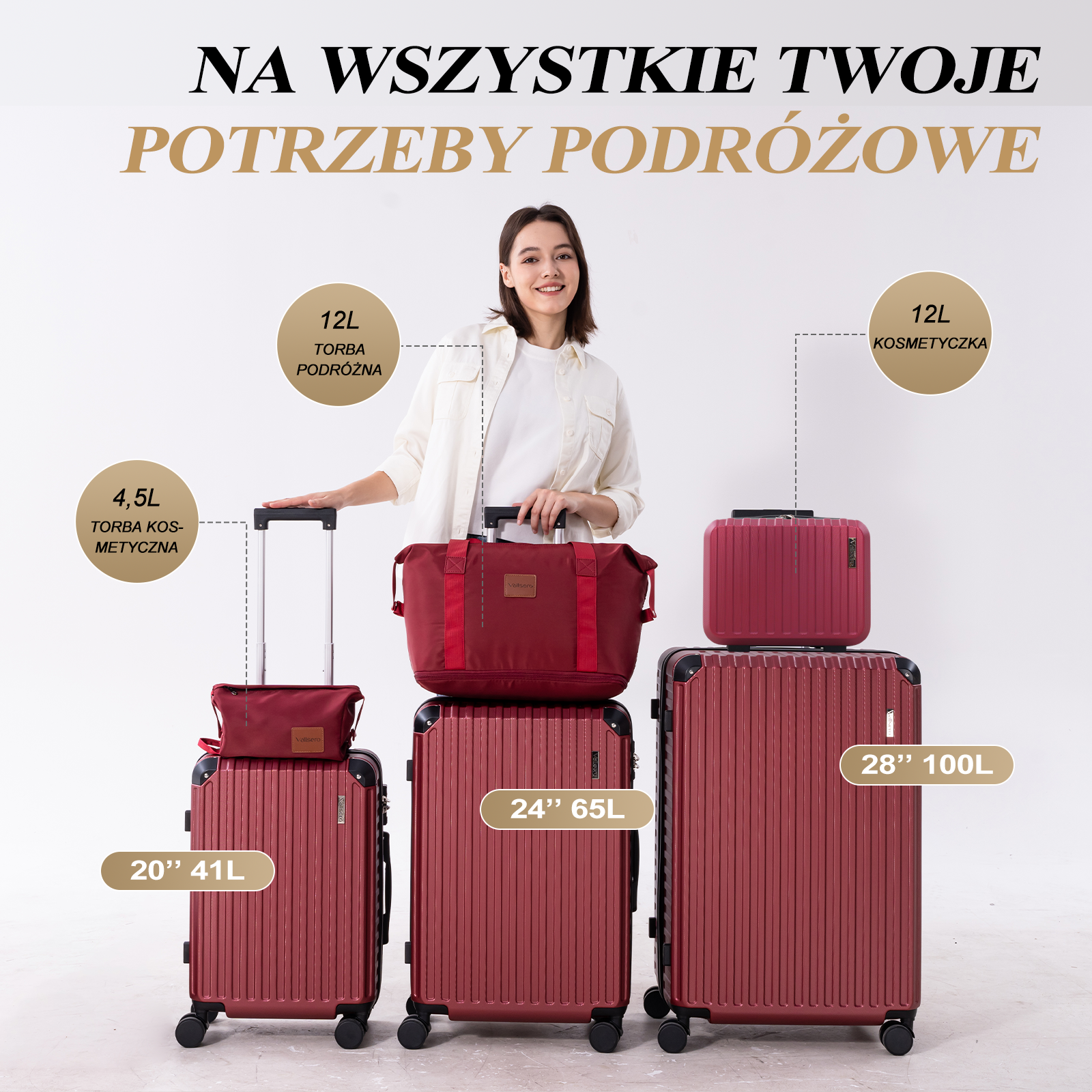 Kobieta obok zestawów bagażowych. Walizki, torby i kosmetyczki w kolorze bordowym. Widoczny również tekst w języku polskim.