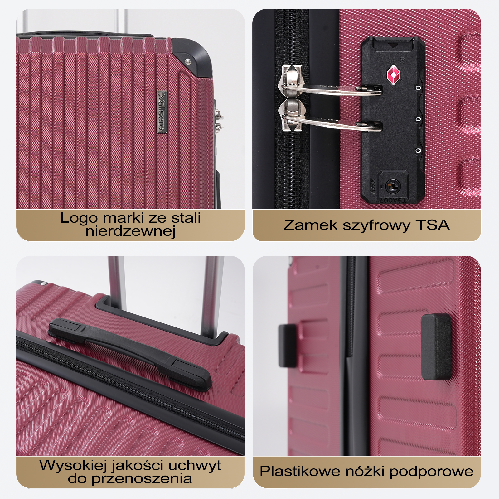 Zbliżenie na bordową walizkę z różnymi detalami, takimi jak uchwyt, zamek i logo.