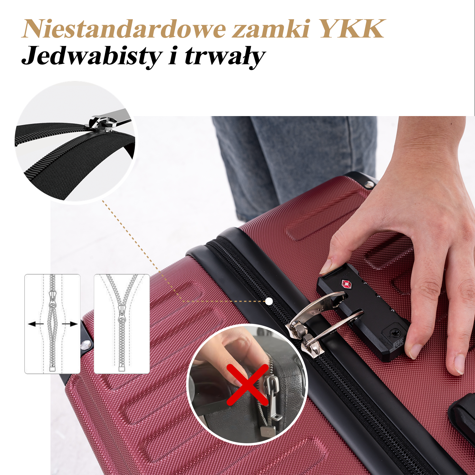 Ręka otwiera bordową walizkę. Pokazano szczegóły zamka błyskawicznego i zamka, wraz z diagramami.