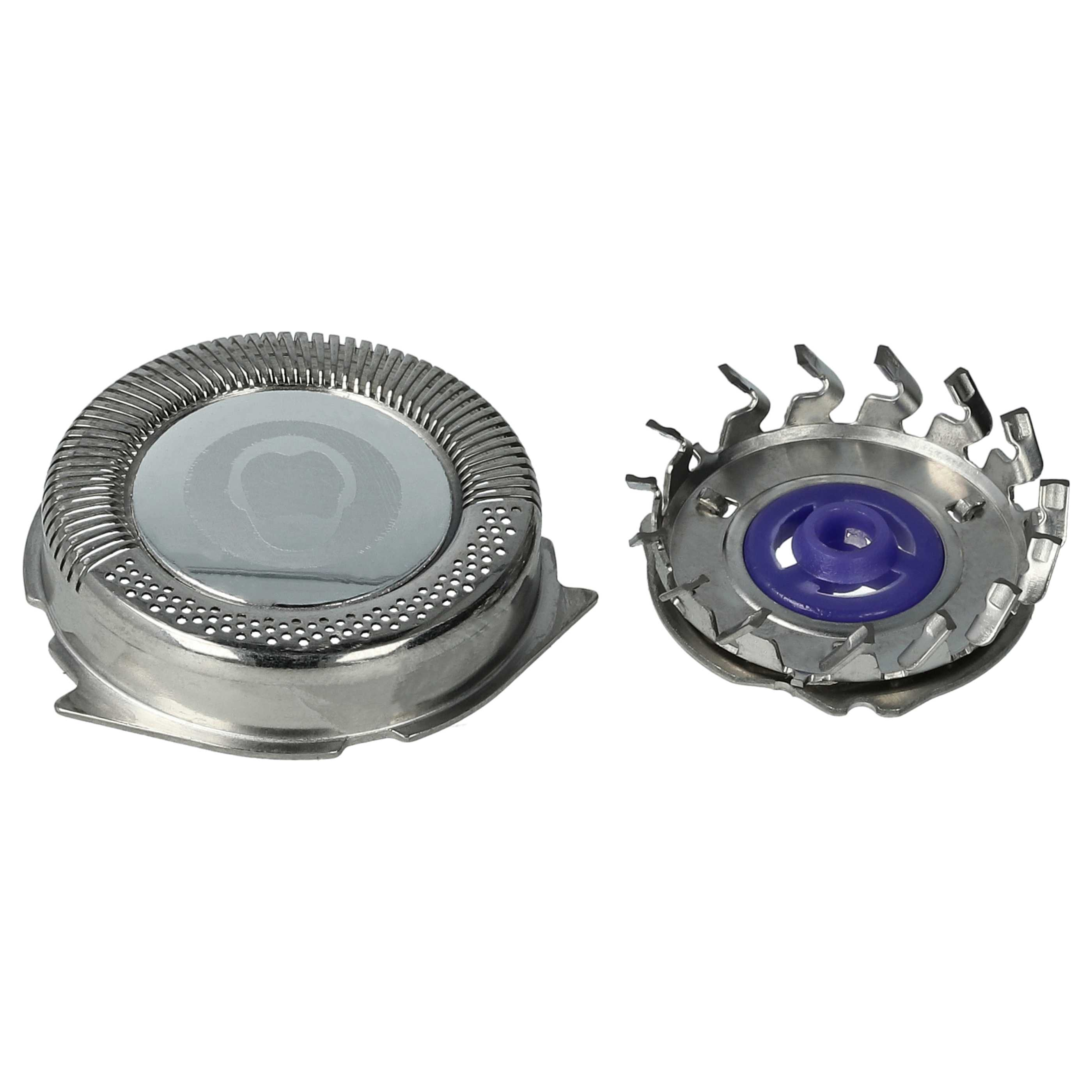 Zwei metallische Rasierer-Köpfe. Einer ist ein Kreis mit einem Netz, der andere hat eine violette Mitte mit gezacktem Rand.