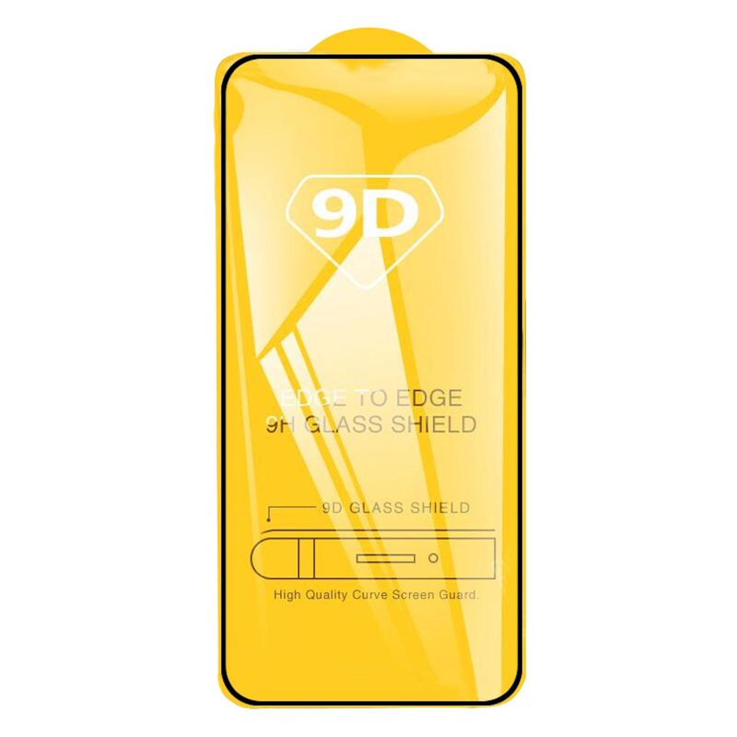 Una confezione gialla di protezione per lo schermo. Contiene testo come "9D", "Edge to Edge" e "High Quality Curve Screen Guard."