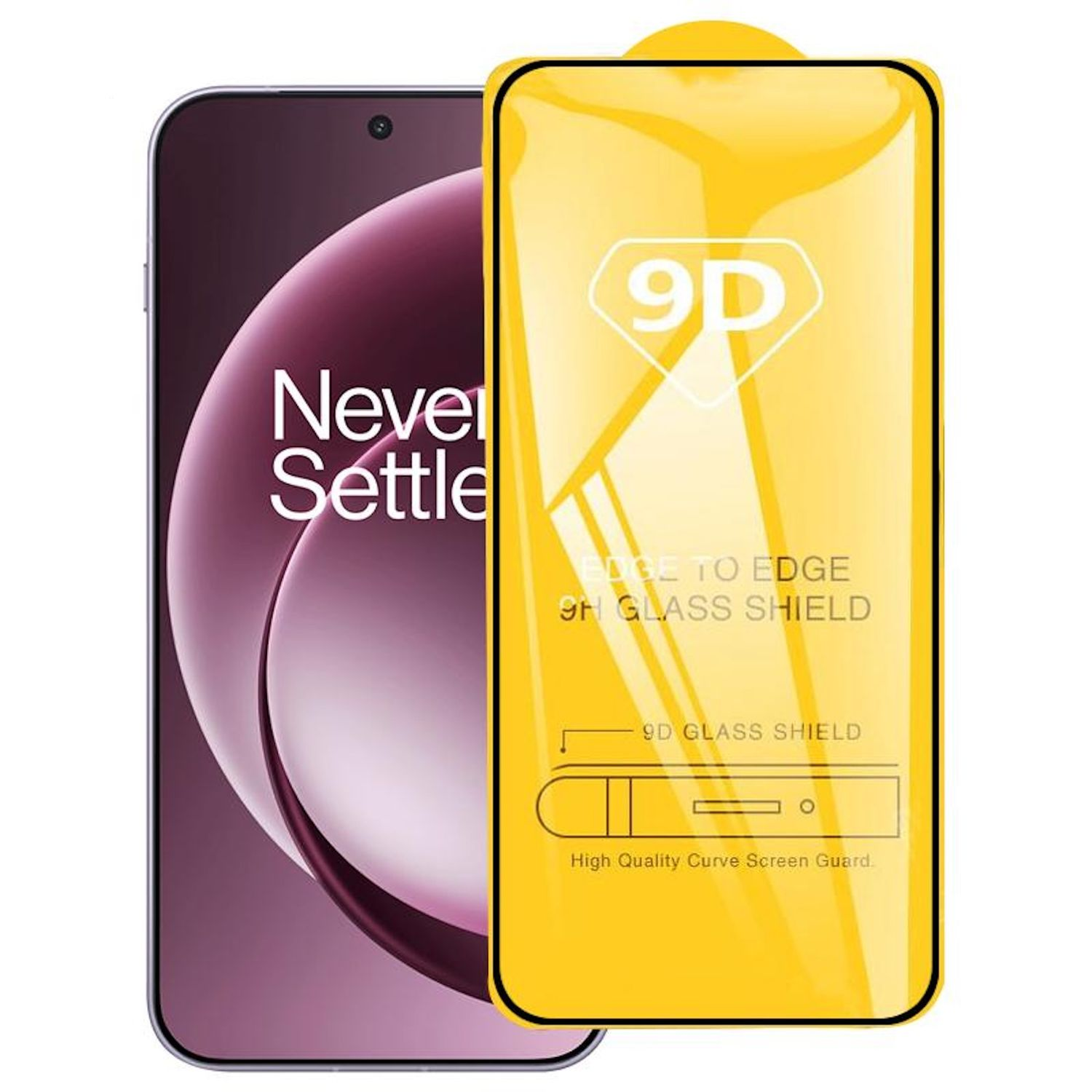 Uno smartphone accanto a una protezione per schermo gialla. Il telefono ha la scritta "Never Settle". La protezione dice "9D" e "Edge to Edge".