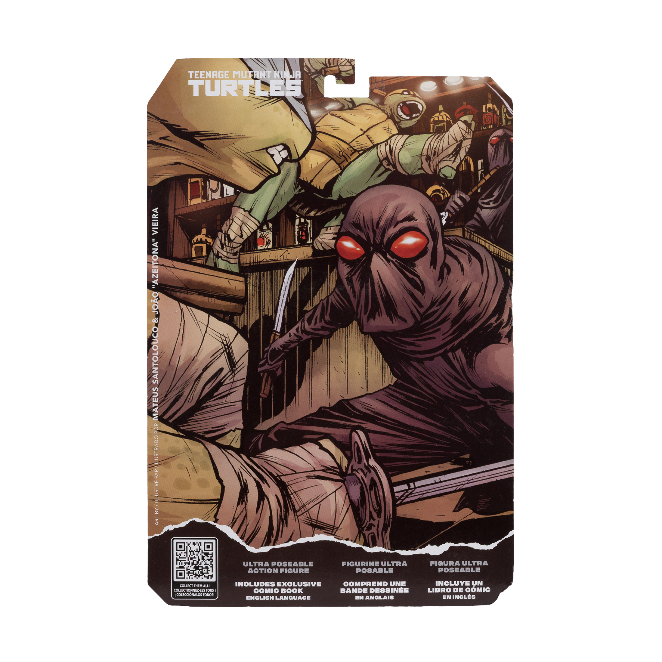 Paquete de figuras de acción de TMNT. La ilustración muestra a las Tortugas Ninja luchando contra un ninja con una espada. Incluye un cómic.