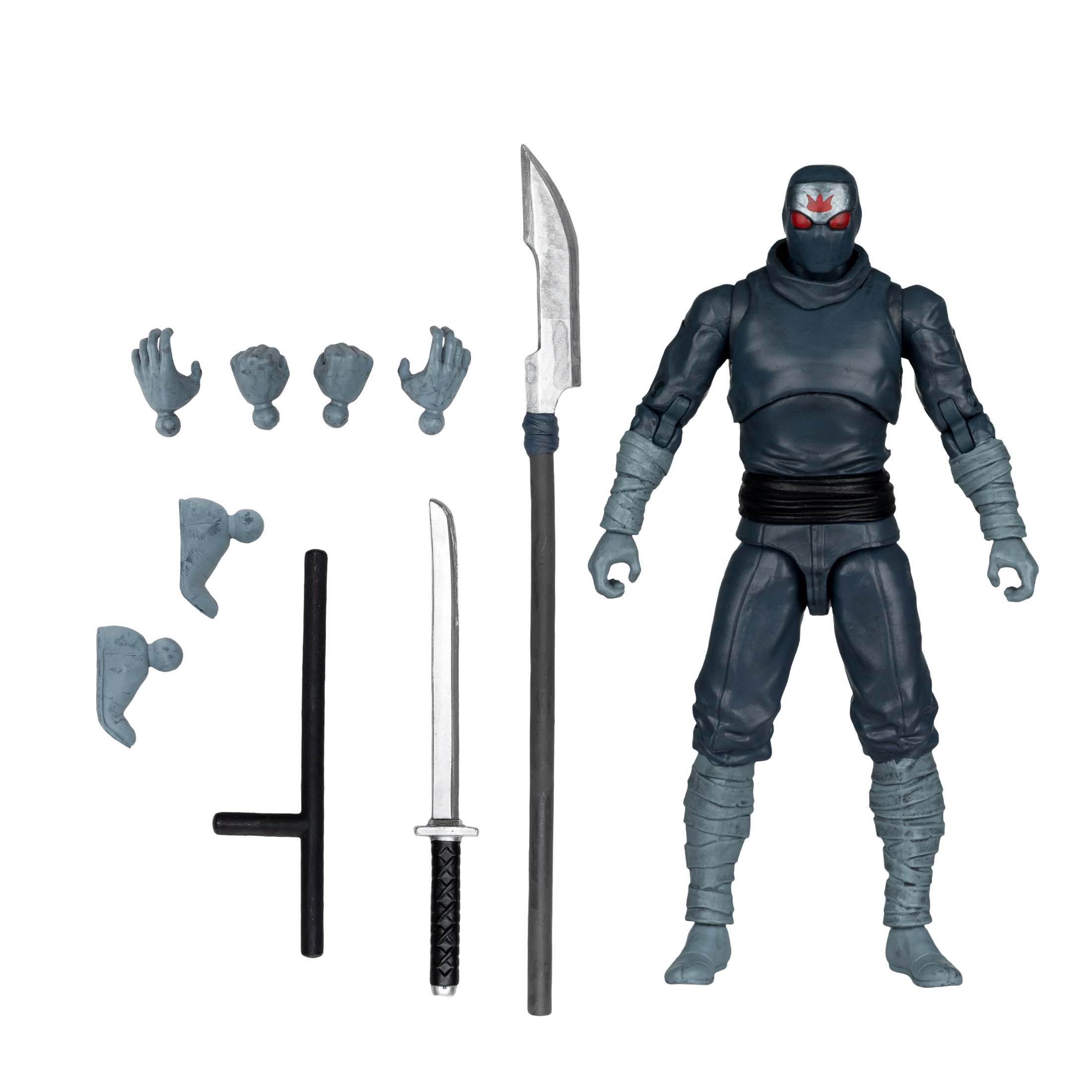 Una figura de acción ninja con accesorios: varias manos, una lanza, una espada y un bate. El ninja lleva un traje oscuro y una máscara.