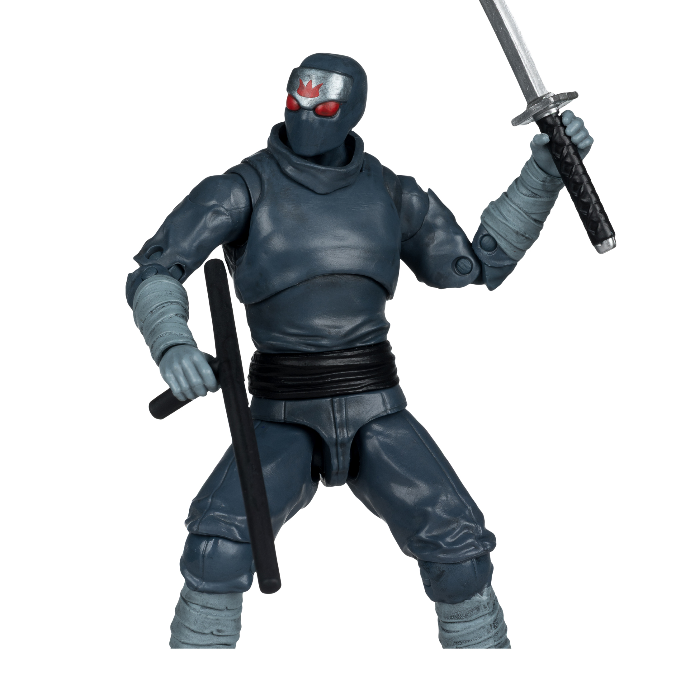 Una figura de acción ninja con traje azul, katana y bastón. El ninja tiene antifaz rojo y está sobre fondo blanco.