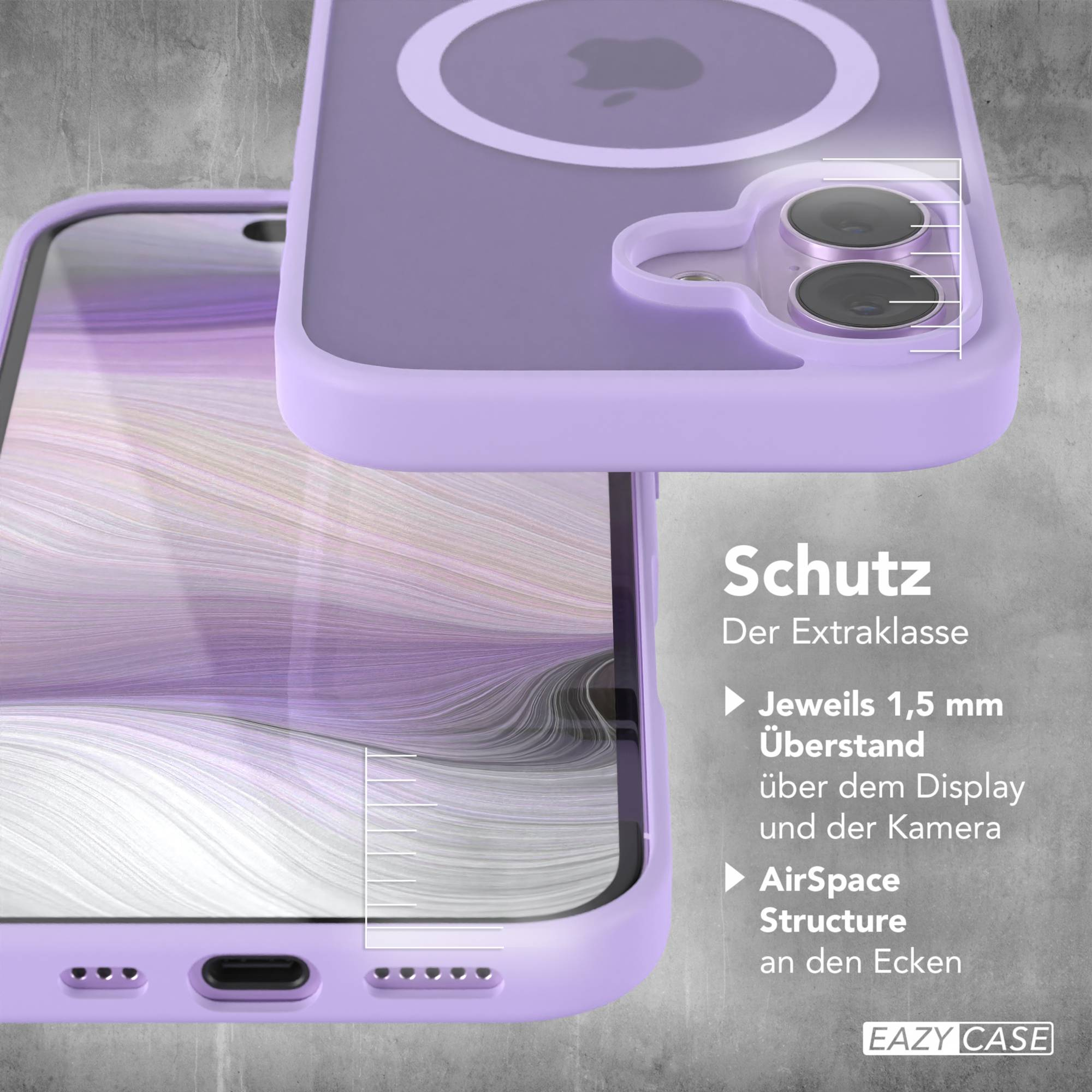 Gezeigt wird eine lilafarbene Handyhülle. Das Bild hat Text über die Eigenschaften der Hülle wie Display-Schutz.