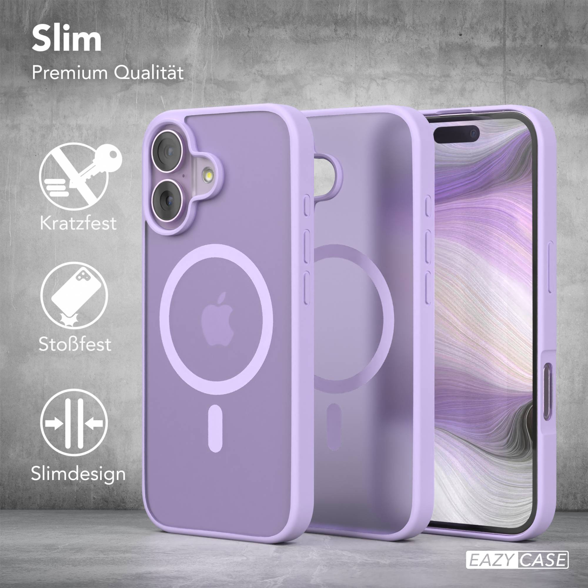 Drei lilafarbene Handyhüllen, eine mit Telefon, auf grauer Oberfläche. Text: Slim, Premium Qualität, Eazy Case.