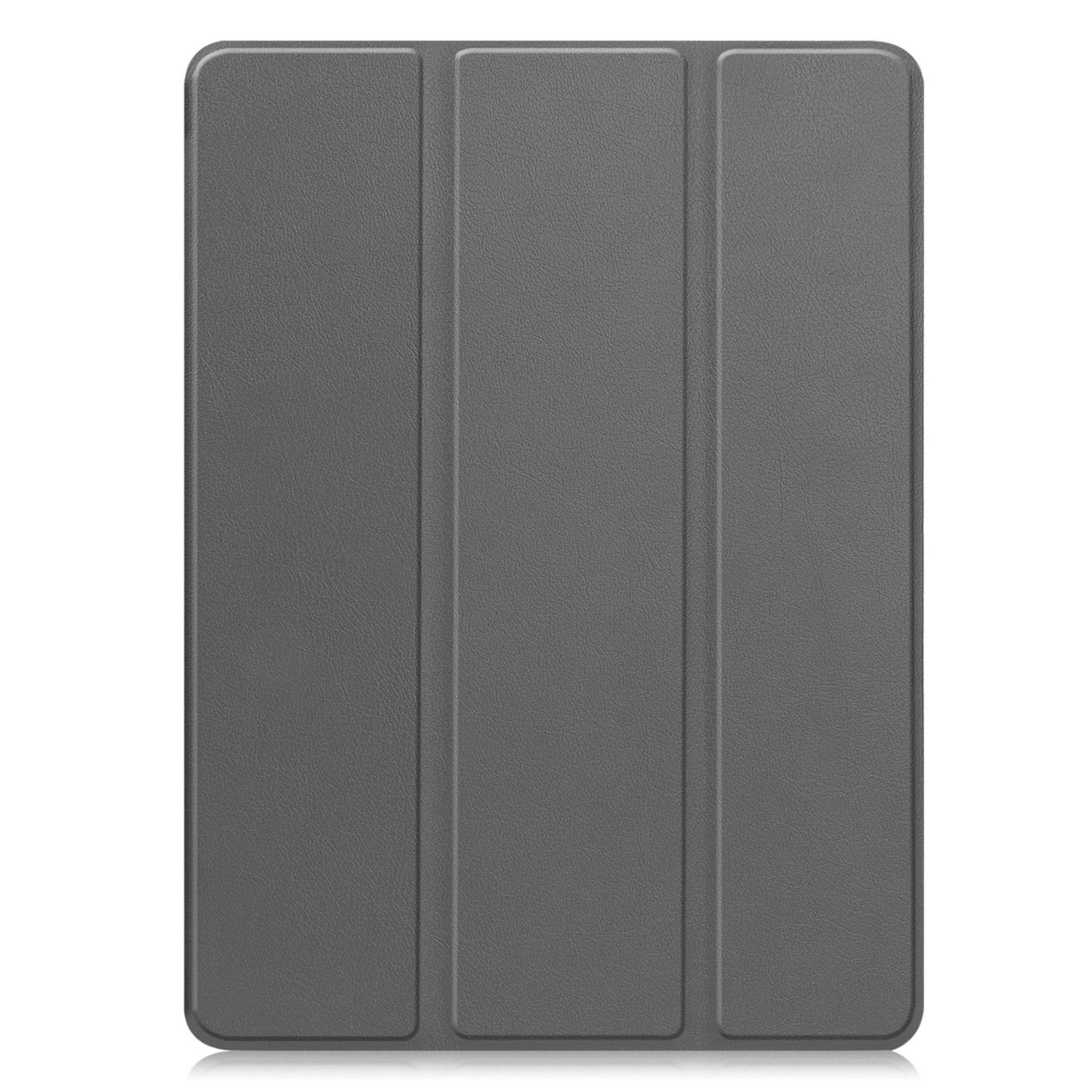 Viene mostrata una cover grigia per tablet. Ha una superficie strutturata con tre pannelli. La cover è rettangolare con angoli arrotondati.