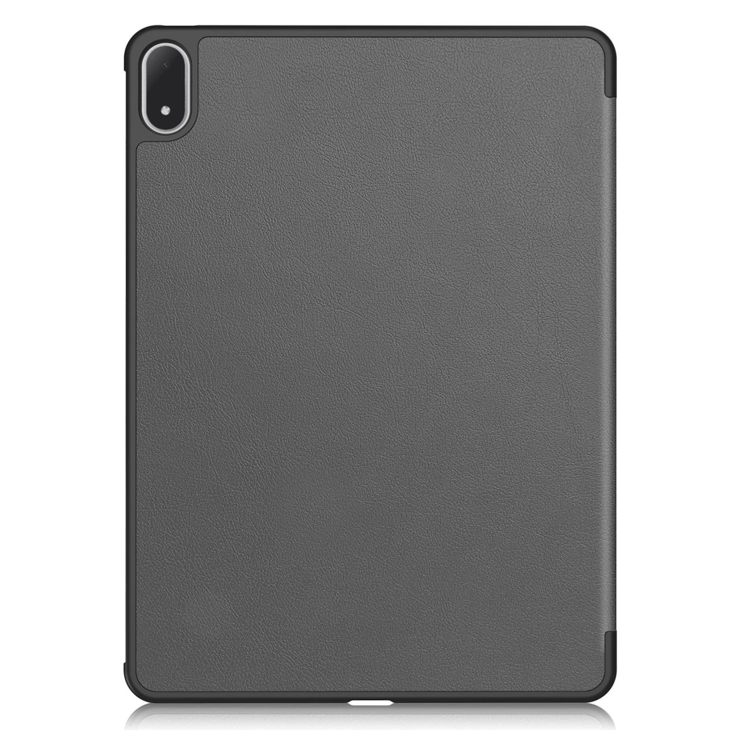 Una custodia grigia per tablet con superficie strutturata e cornice nera. La fotocamera è visibile in alto a sinistra.
