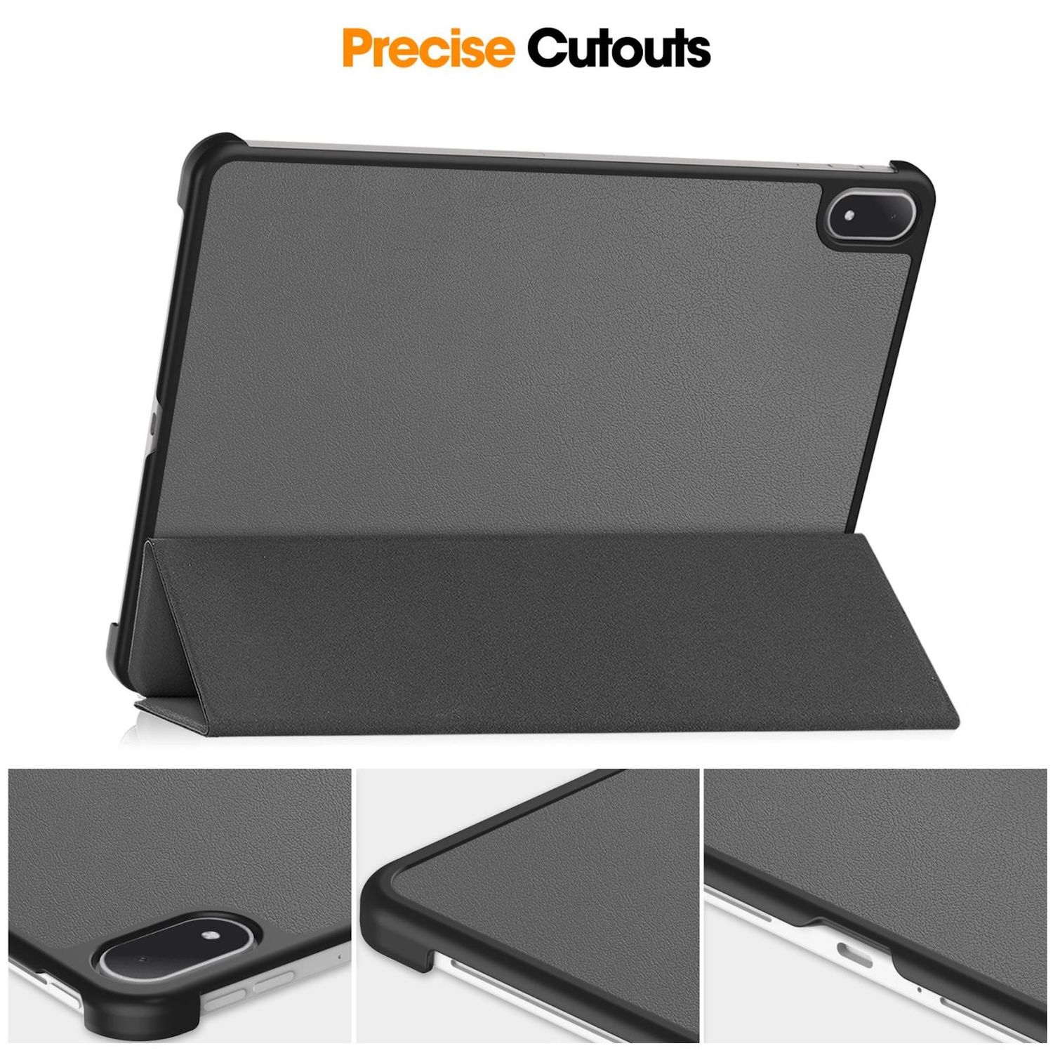 Una custodia per tablet, grigia e nera, aperta per mostrare il tablet. La custodia ha ritagli precisi e una copertura pieghevole.
