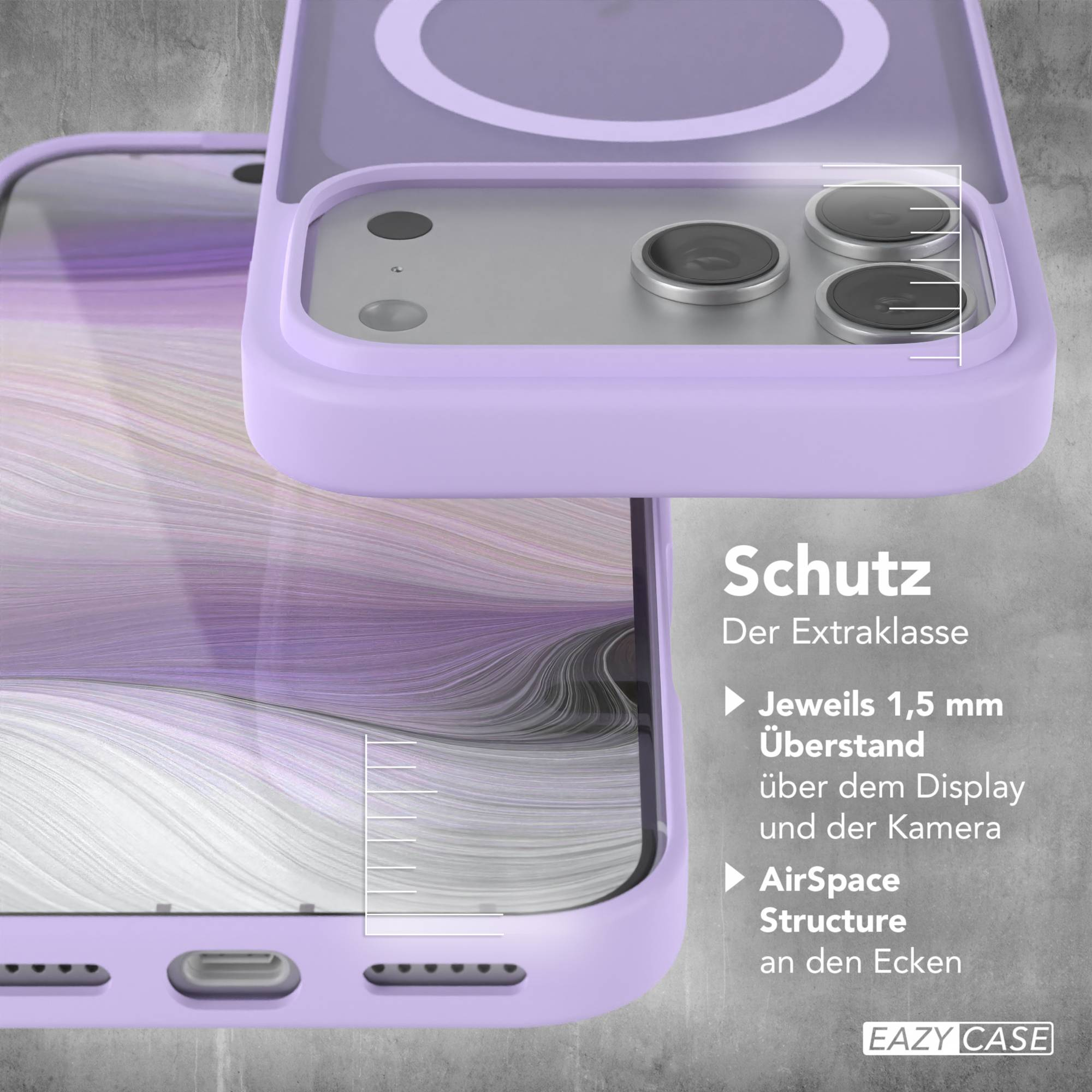 Nahaufnahme einer lila Handyhülle mit einem Telefon. Die Hülle ist auf grauem Hintergrund, das Telefon ist teilweise sichtbar.