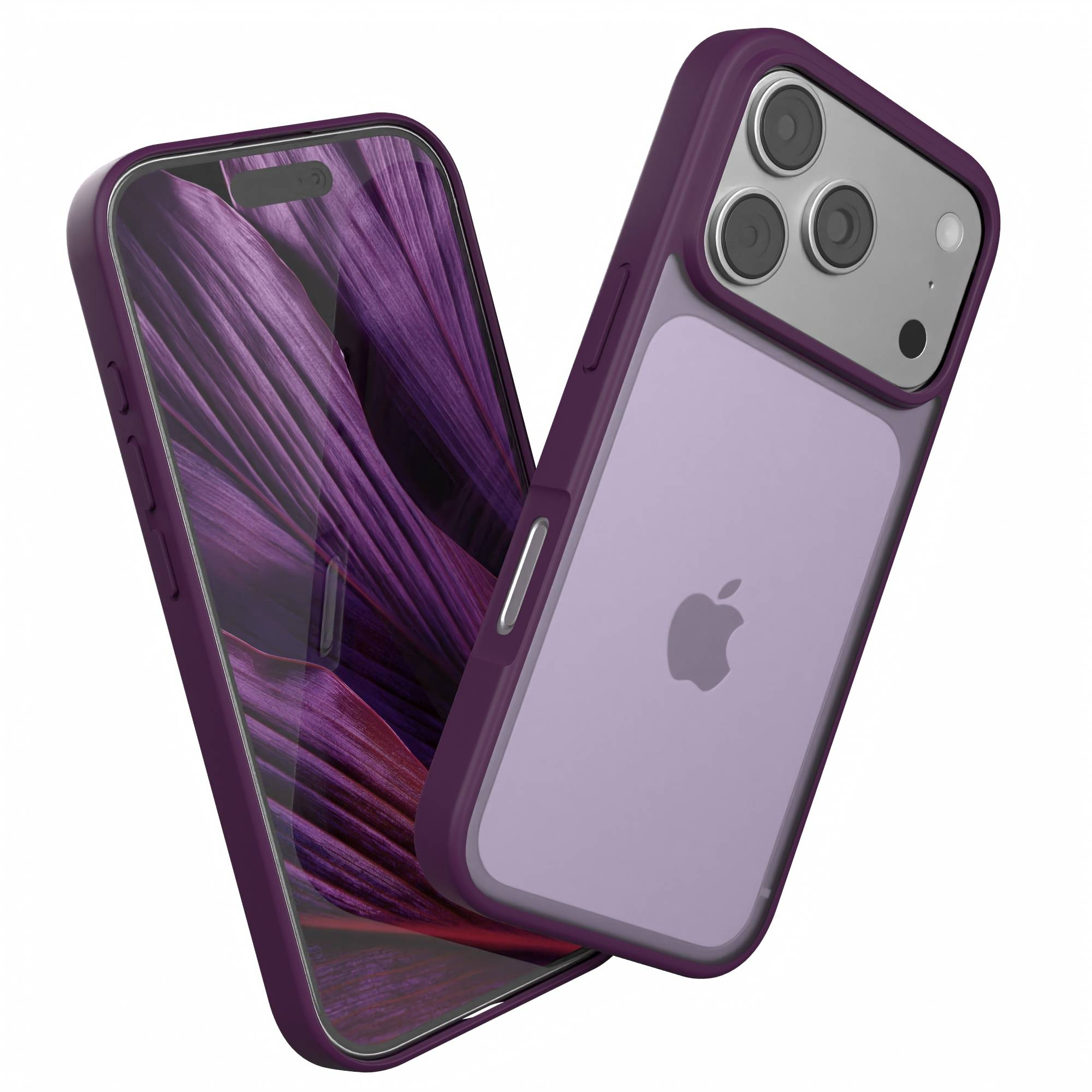 Zwei Telefone in lila Hüllen, eines mit einem lila abstrakten Design, das andere mit einem Apple-Logo.